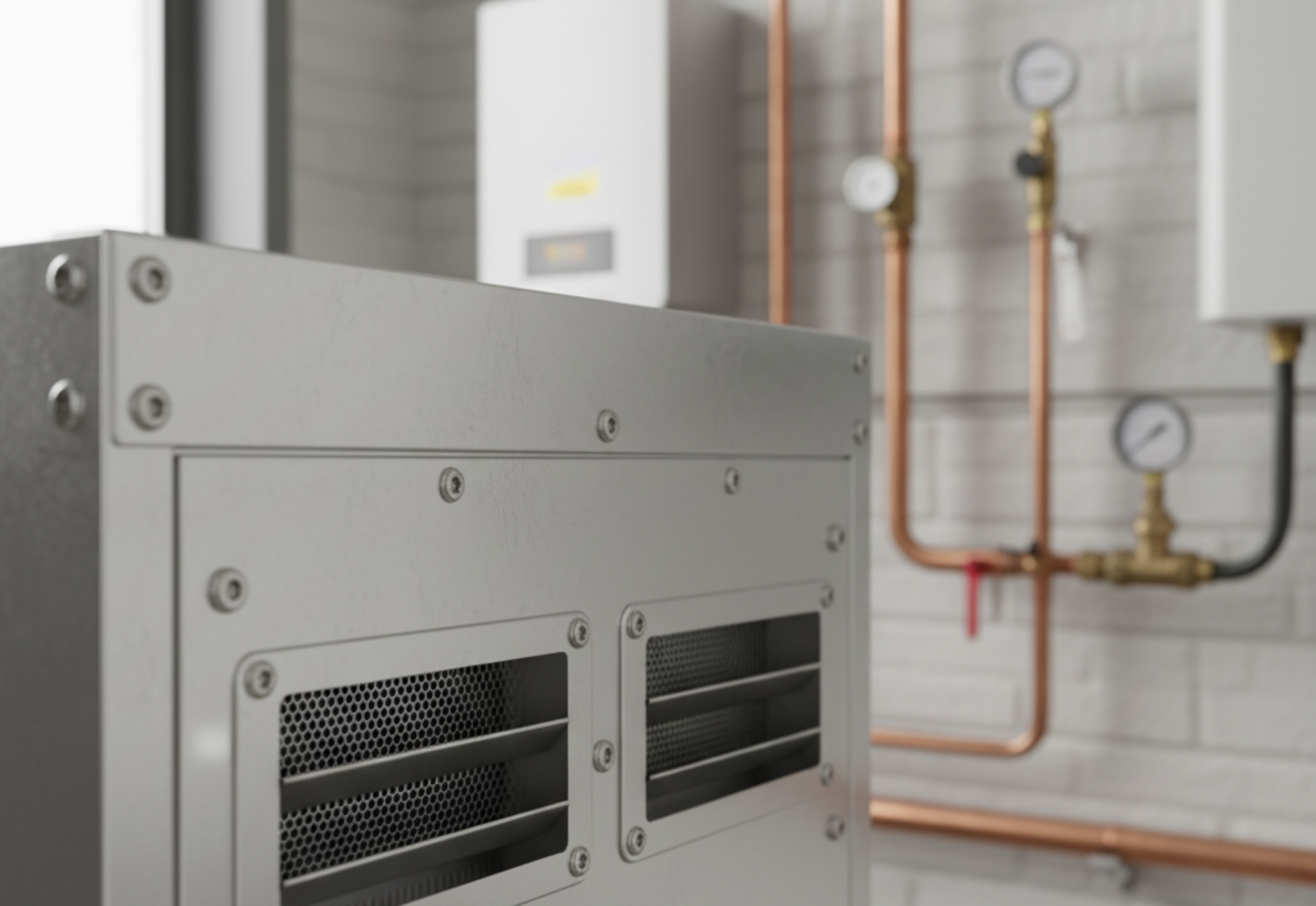 Close-up of a stainless steel appliance with ventilation grilles, copper pipes, and wall-mounted equipment in the background.