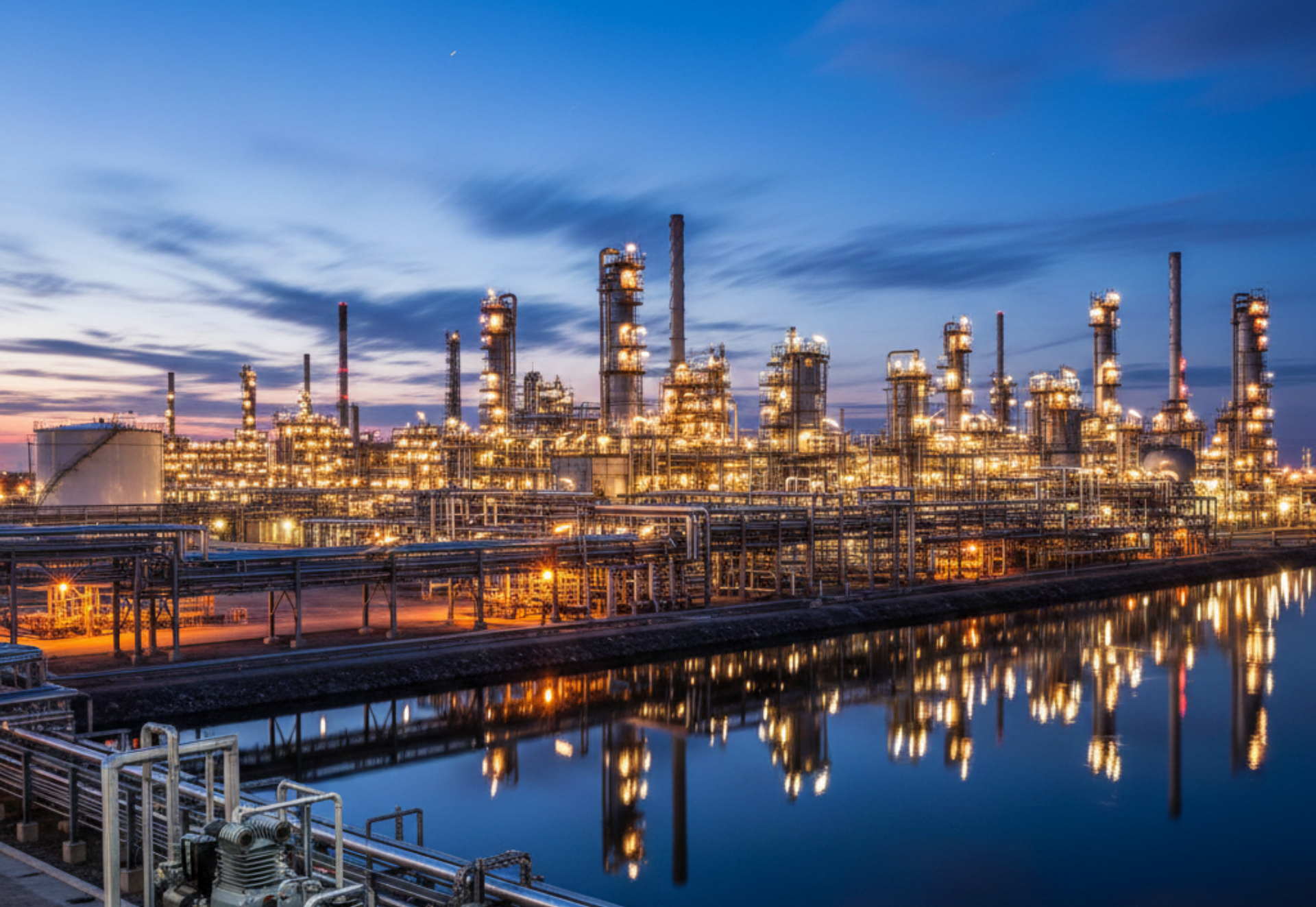 Illuminated oil refinery at dusk, reflected in water, against a blue sky.