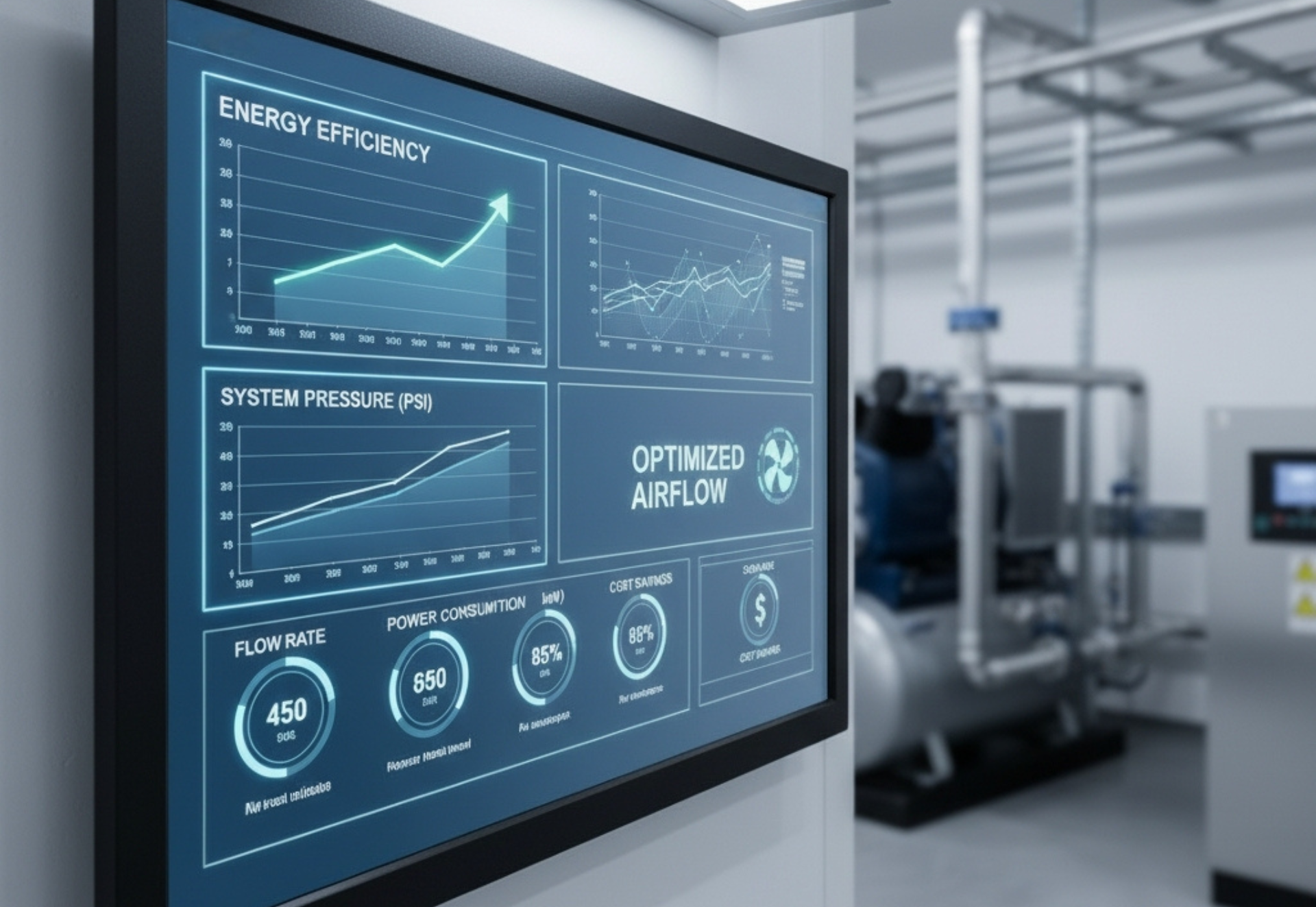 Large monitor displays data charts and system performance metrics in an industrial setting, with machinery in the background.
