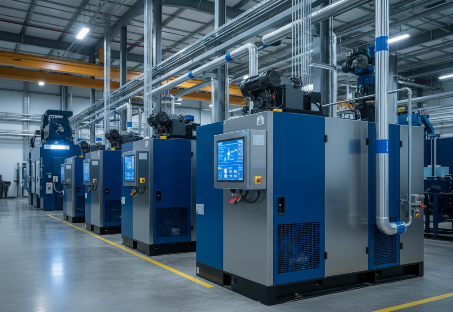 Blue and gray industrial machines in a factory, with touchscreens and pipes running overhead, along a yellow-lined floor.