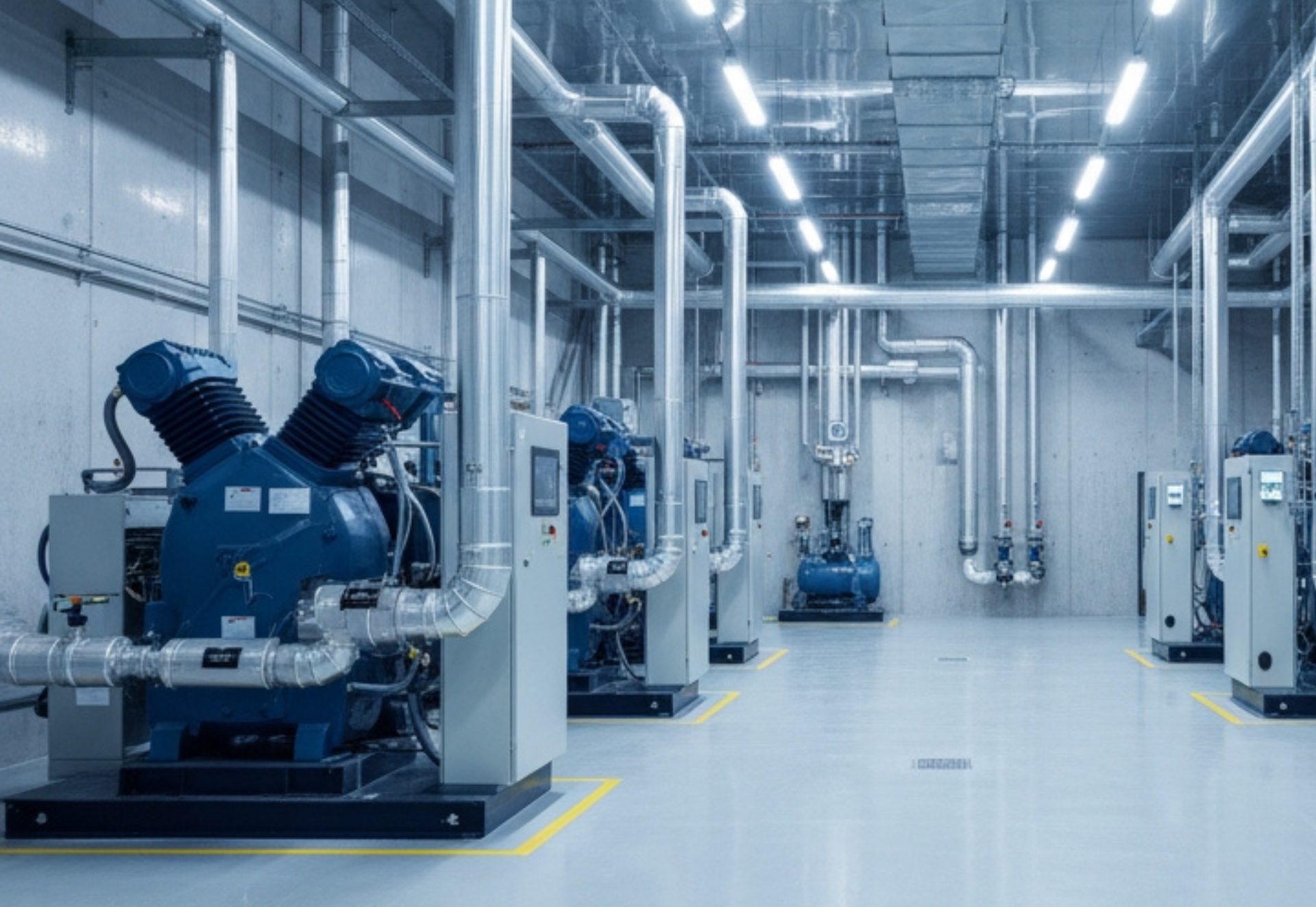 Industrial interior with blue machinery, pipes, and control panels. Bright lighting, gray walls, and a white floor.