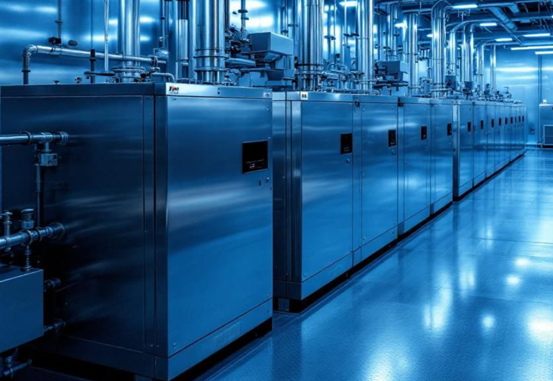 Rows of stainless steel industrial machinery in a clean, blue-toned factory setting.