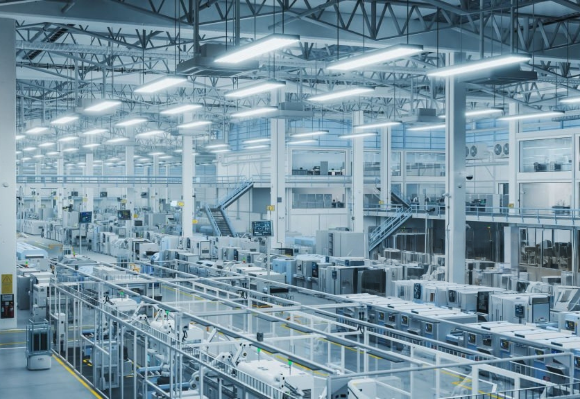Large industrial factory interior with assembly lines, machinery, and bright overhead lights.
