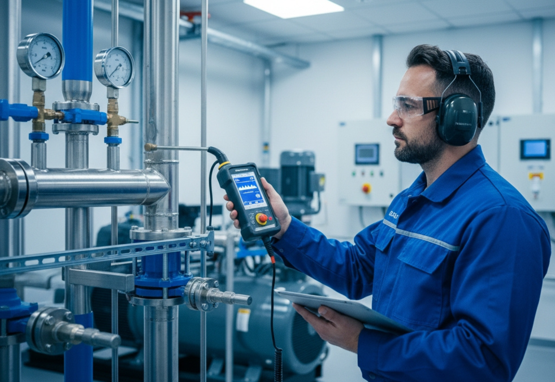 Man in blue coveralls checks pipes with a device, wearing ear protection and safety glasses. Industrial setting.