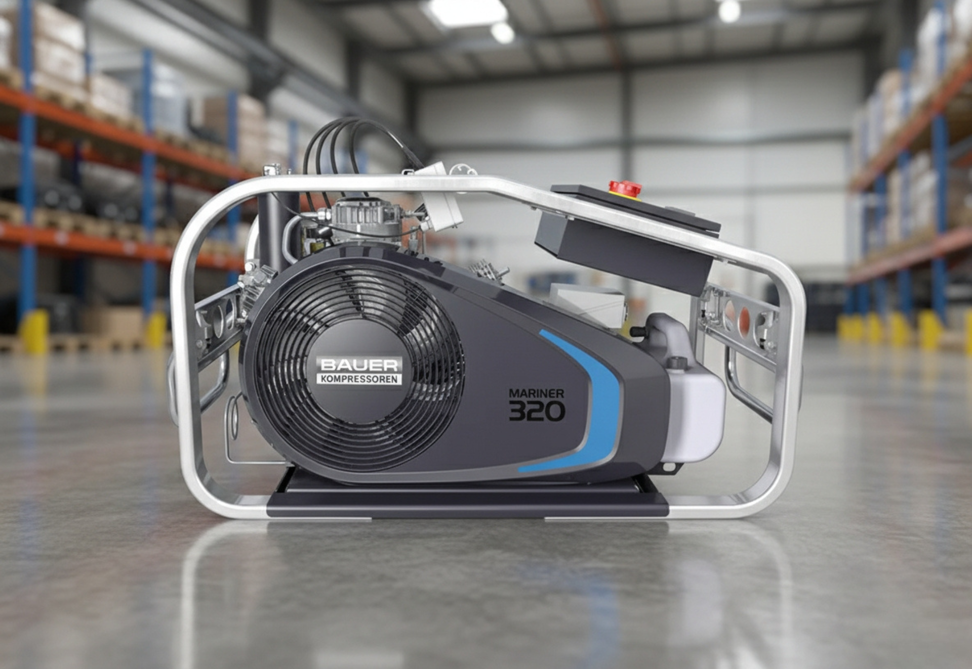 Air compressor with a black and blue motor, silver frame, and a warehouse backdrop.