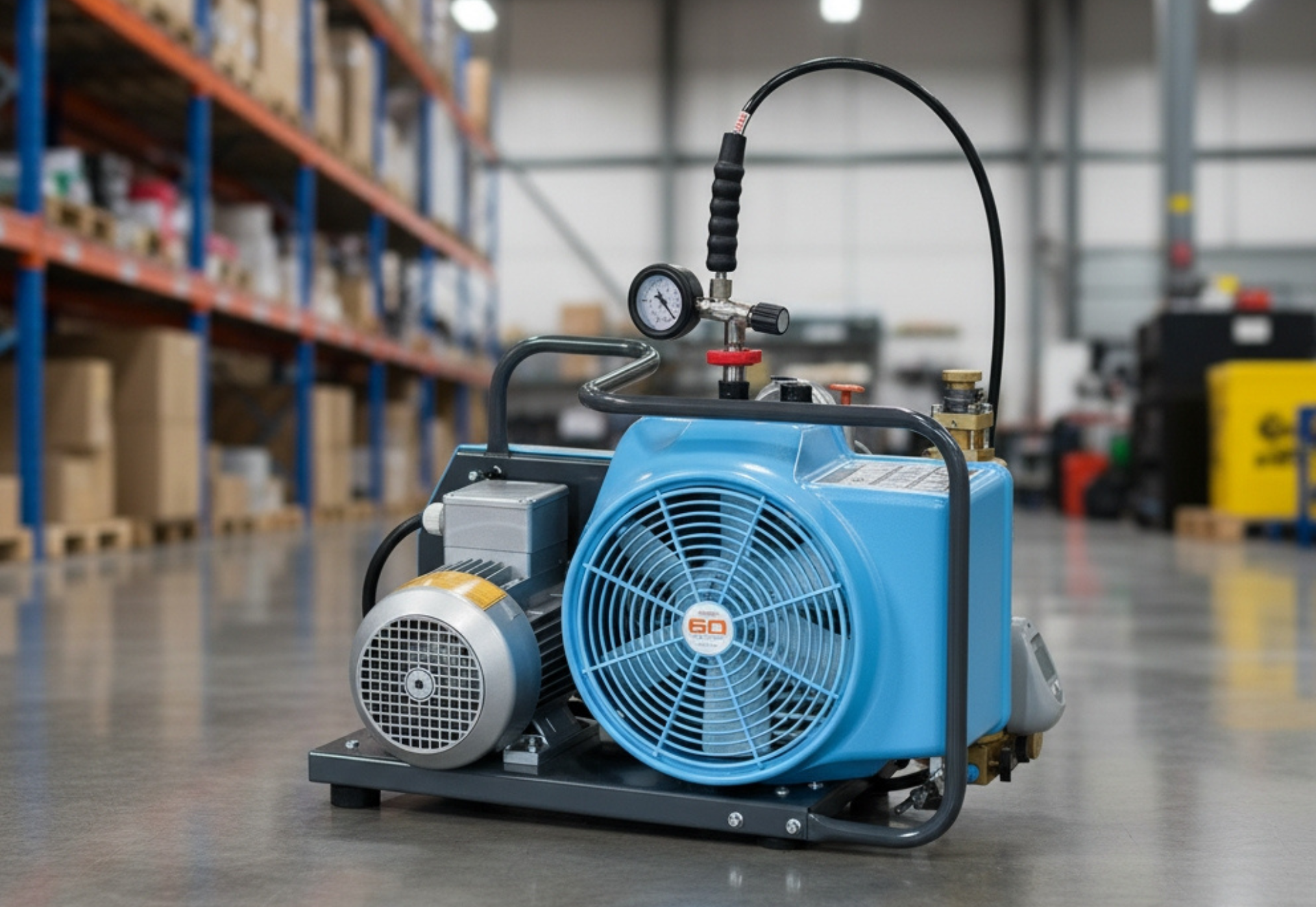 Blue air compressor on a warehouse floor with a pressure gauge and black hose.