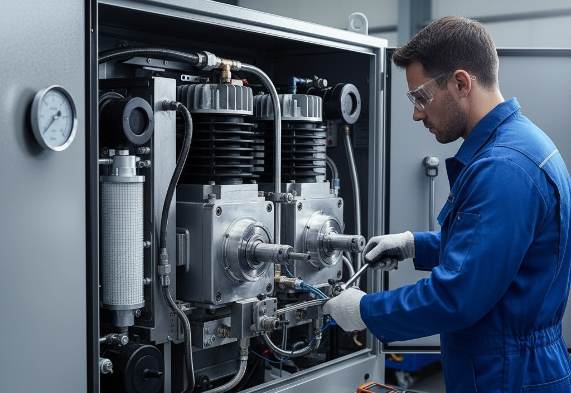 A mechanic in blue coveralls and safety glasses repairs machinery, working in a gray cabinet.