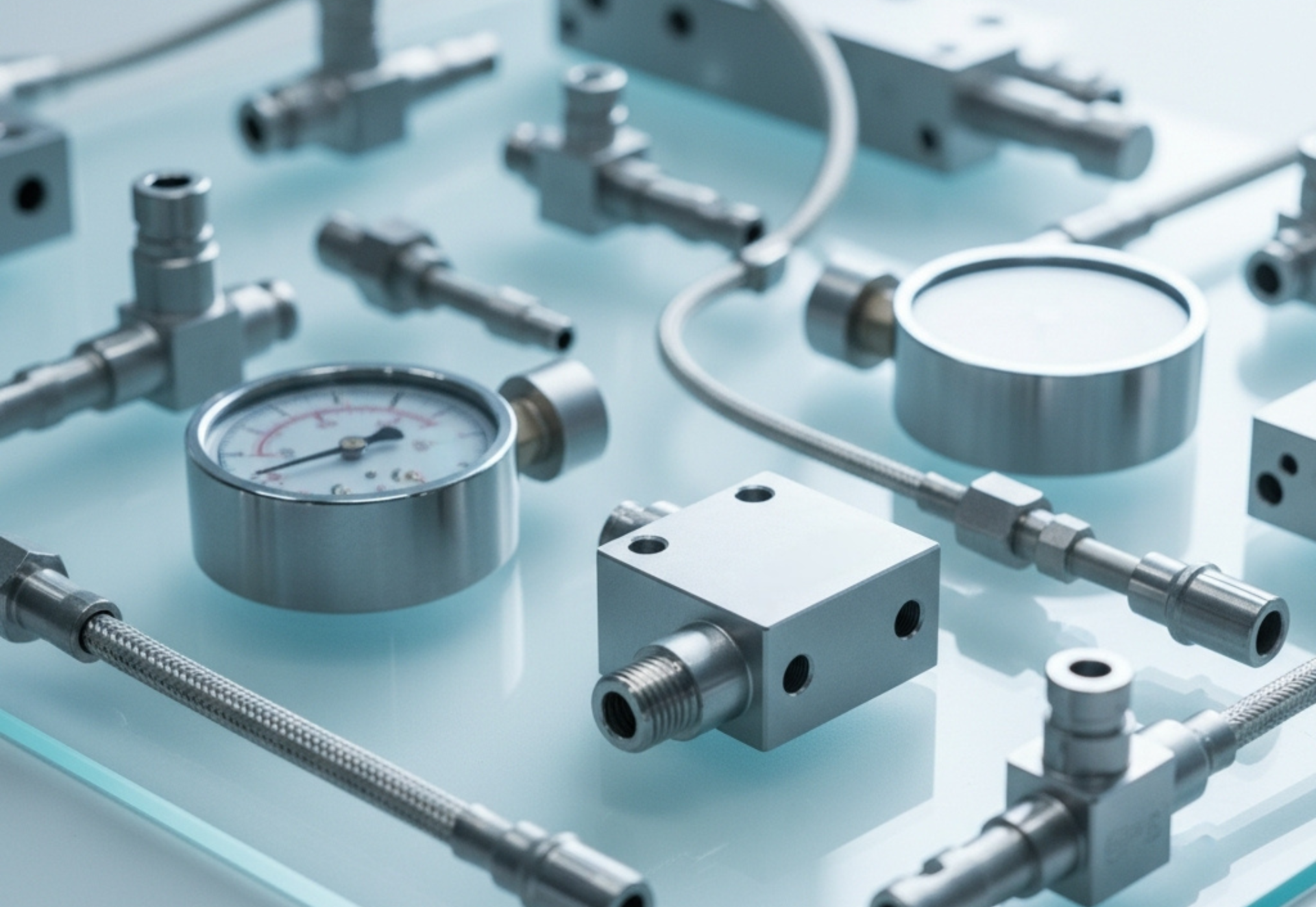 Close-up of various stainless steel mechanical components, including pressure gauges and fittings, on a light blue surface.