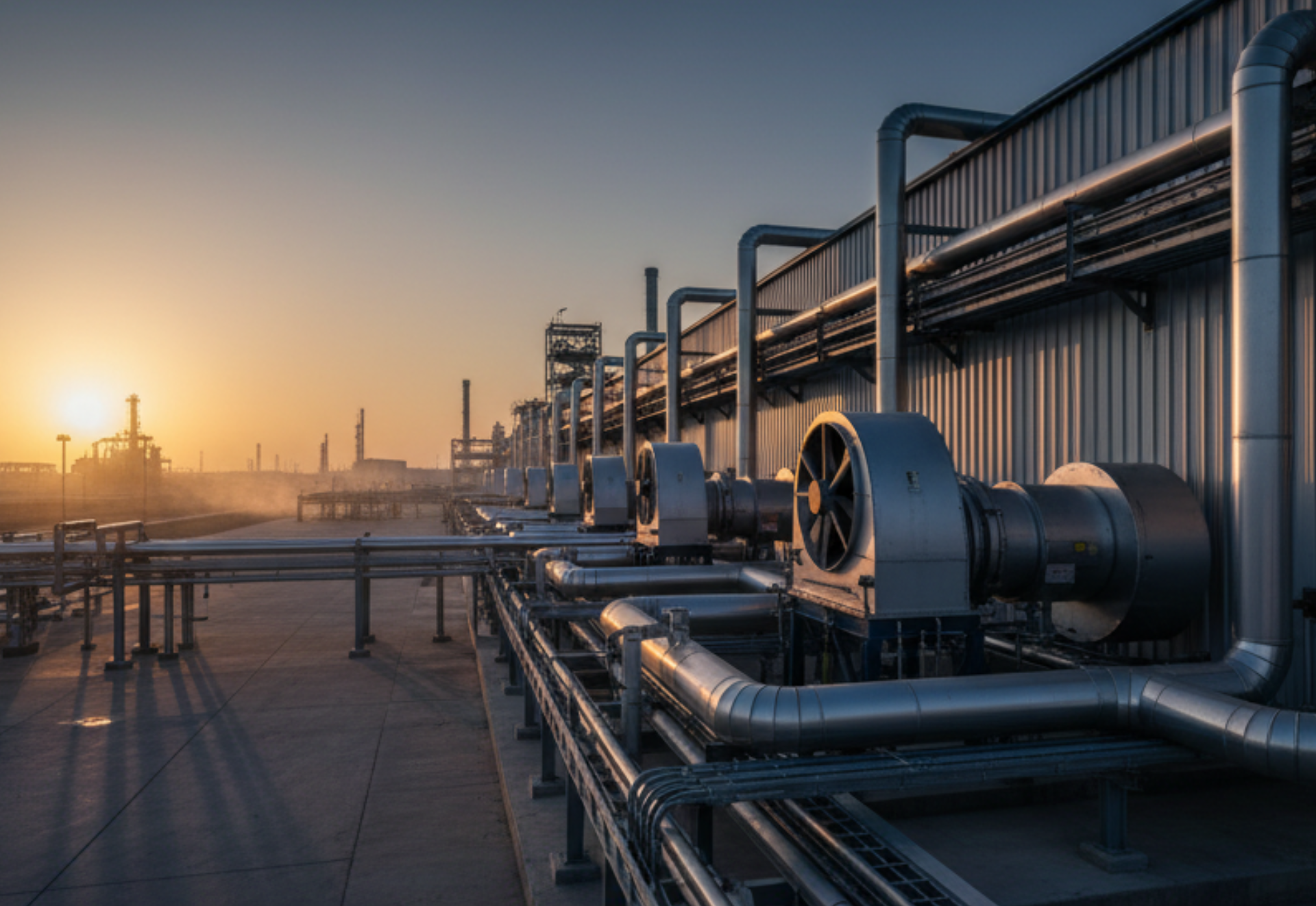 Industrial complex with pipes and equipment, bathed in warm sunlight at sunset.