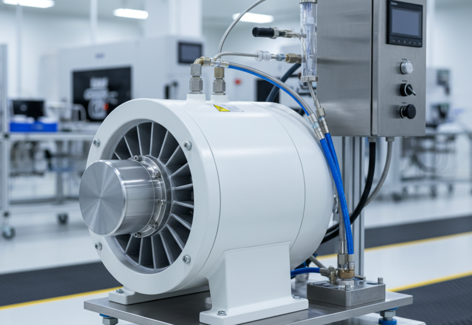 White industrial machine with fan blades, gauges, and a control panel on a cart in a lab setting.