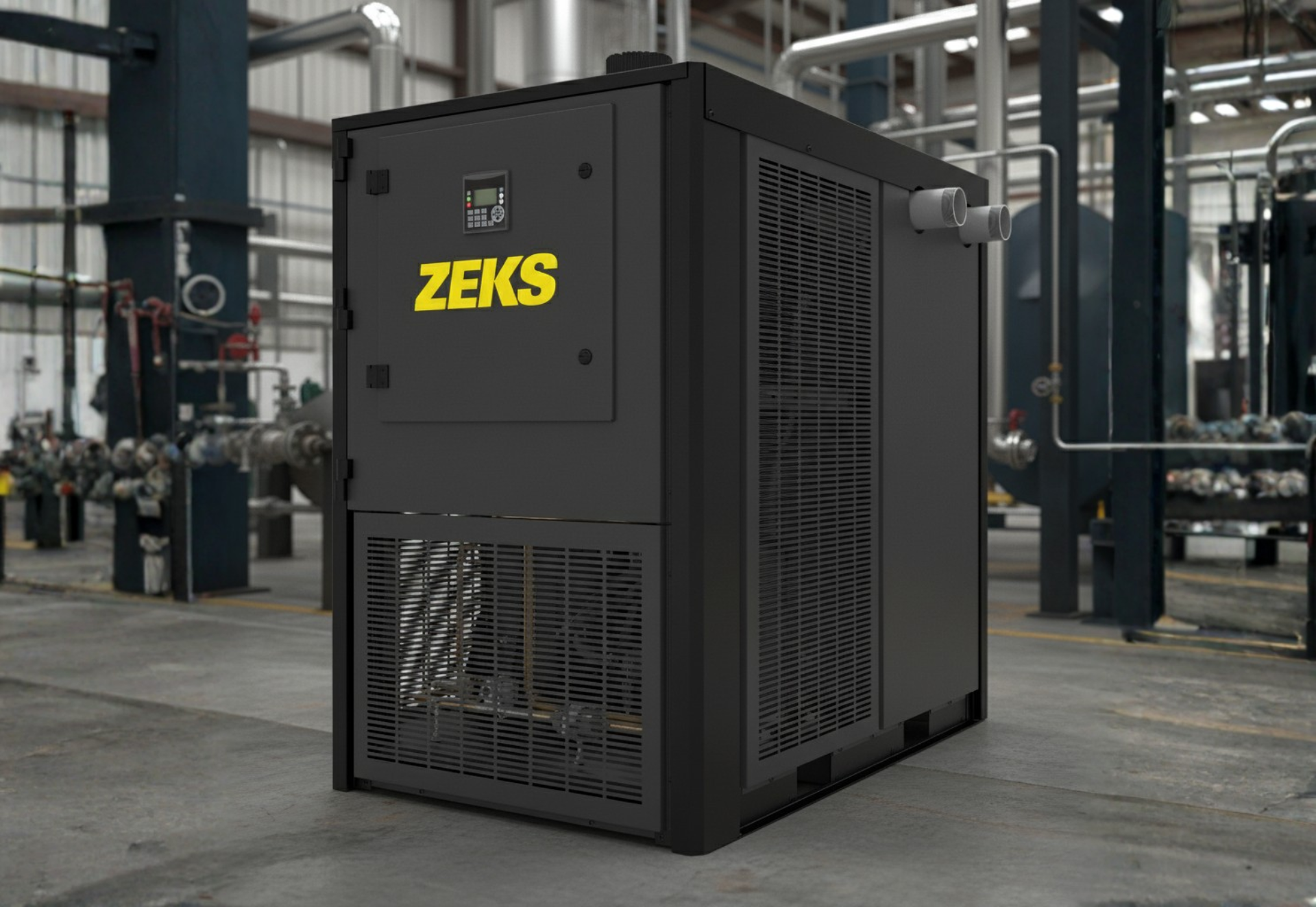 Black industrial Zeks air dryer in a factory setting.