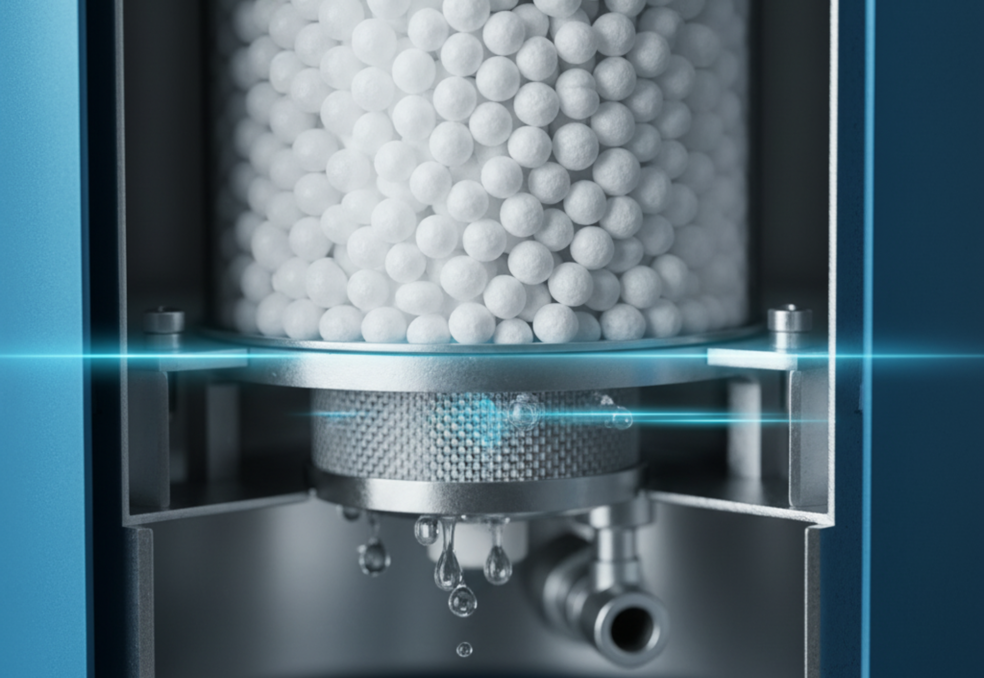 Close-up of a filter system: white spheres inside a cylindrical container, with water droplets falling below.