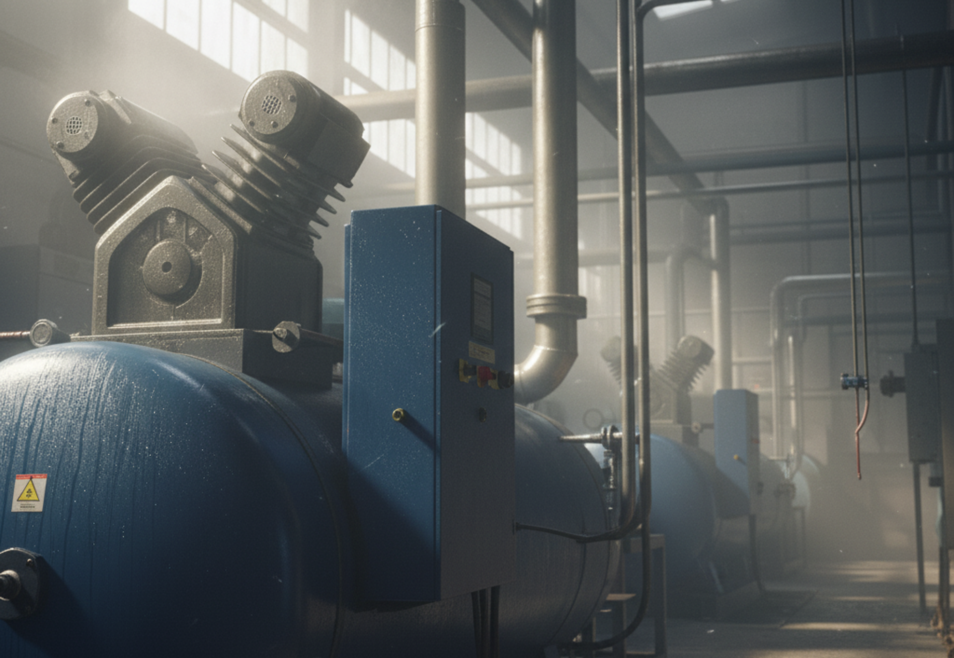 Blue industrial machinery in a foggy factory setting. Sunlight streams through windows.