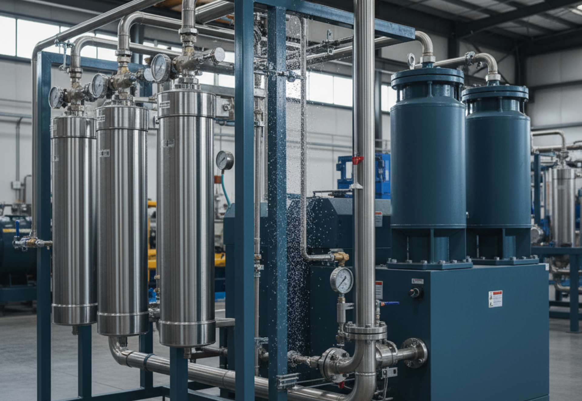 Industrial machinery with stainless steel tanks and piping, painted blue, set inside a warehouse.