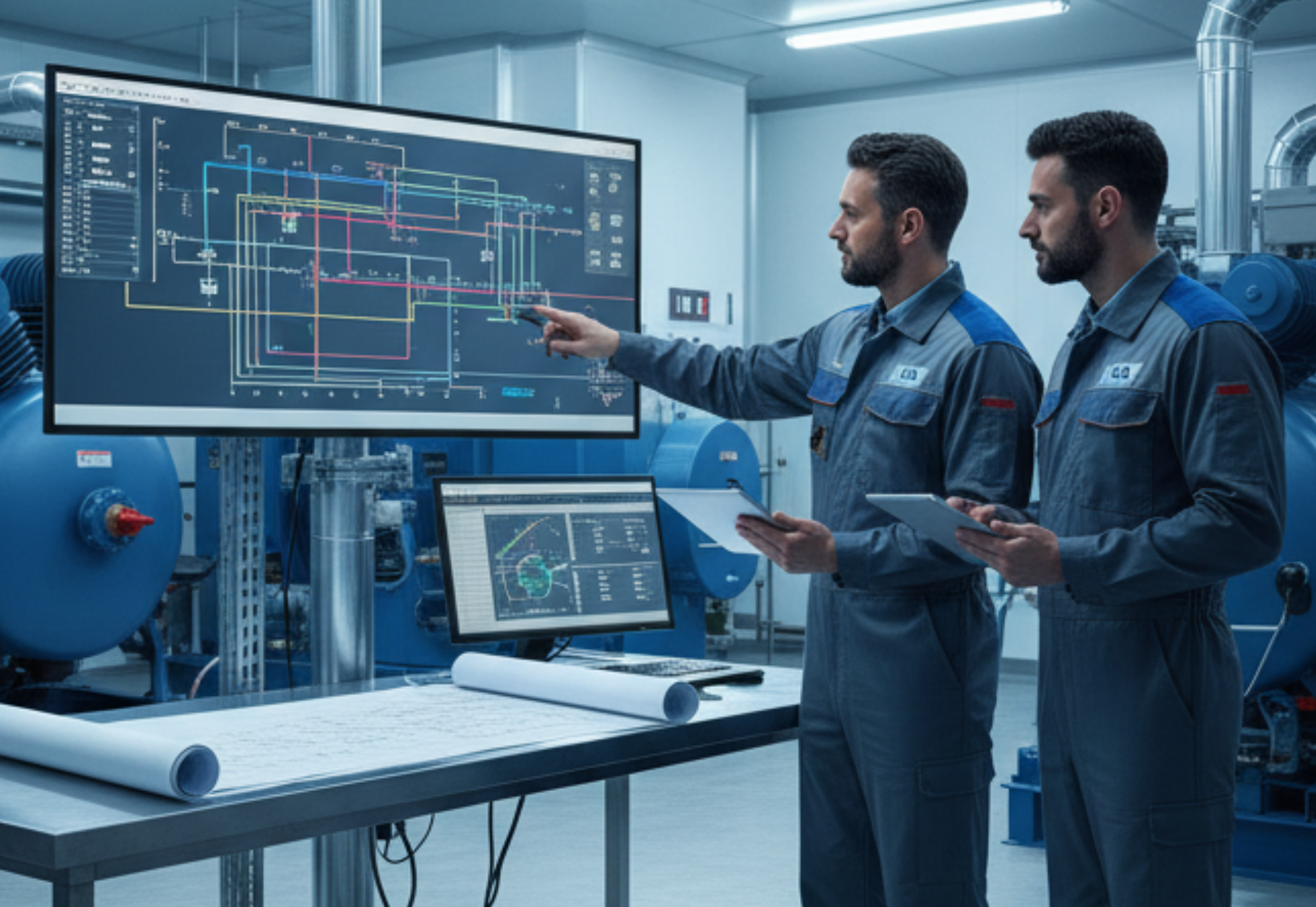 Two men in work uniforms reviewing a diagram on a large screen in a factory.