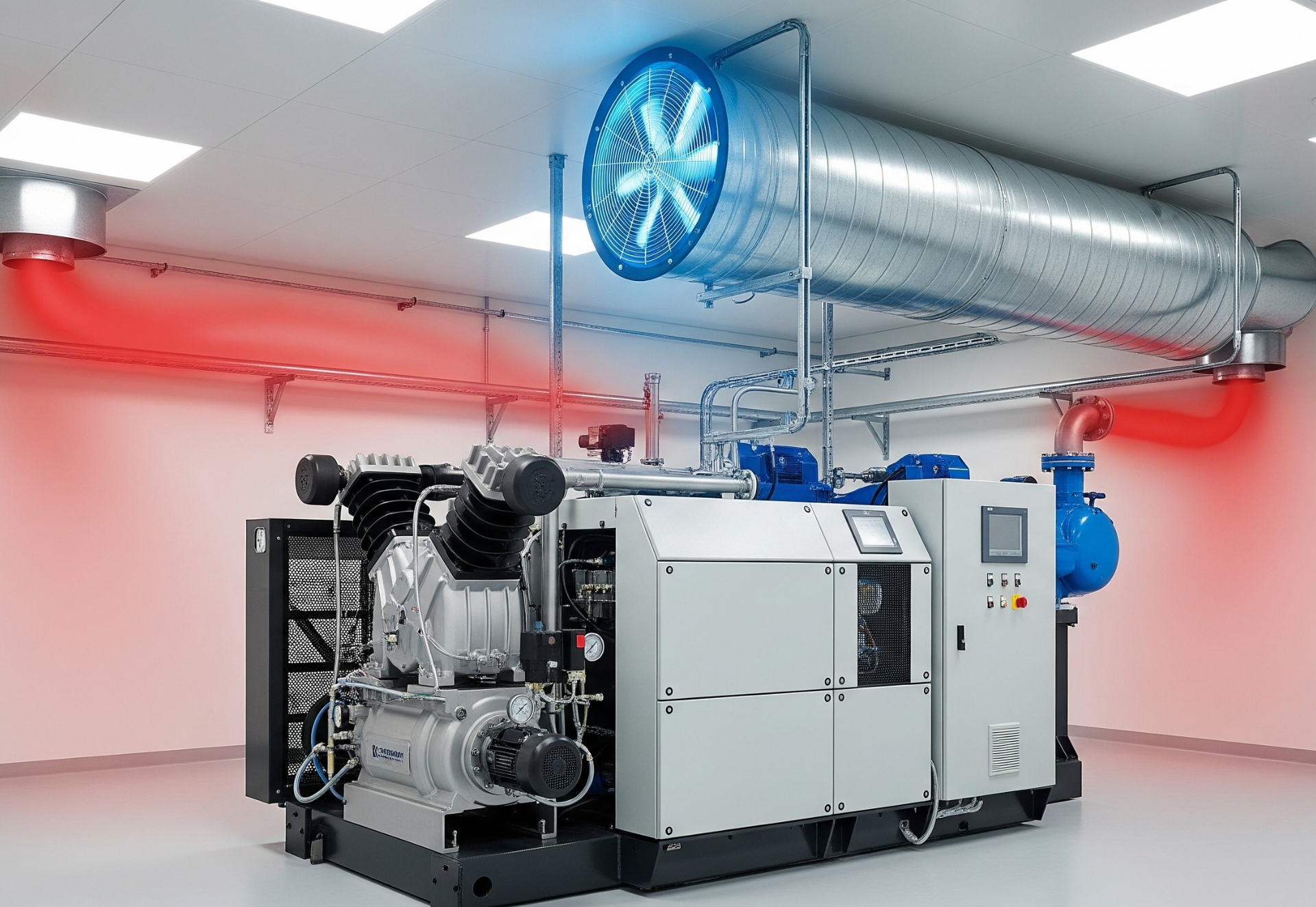 Large industrial machine with ductwork; fan glowing blue, ducts with red glow; indoor setting.