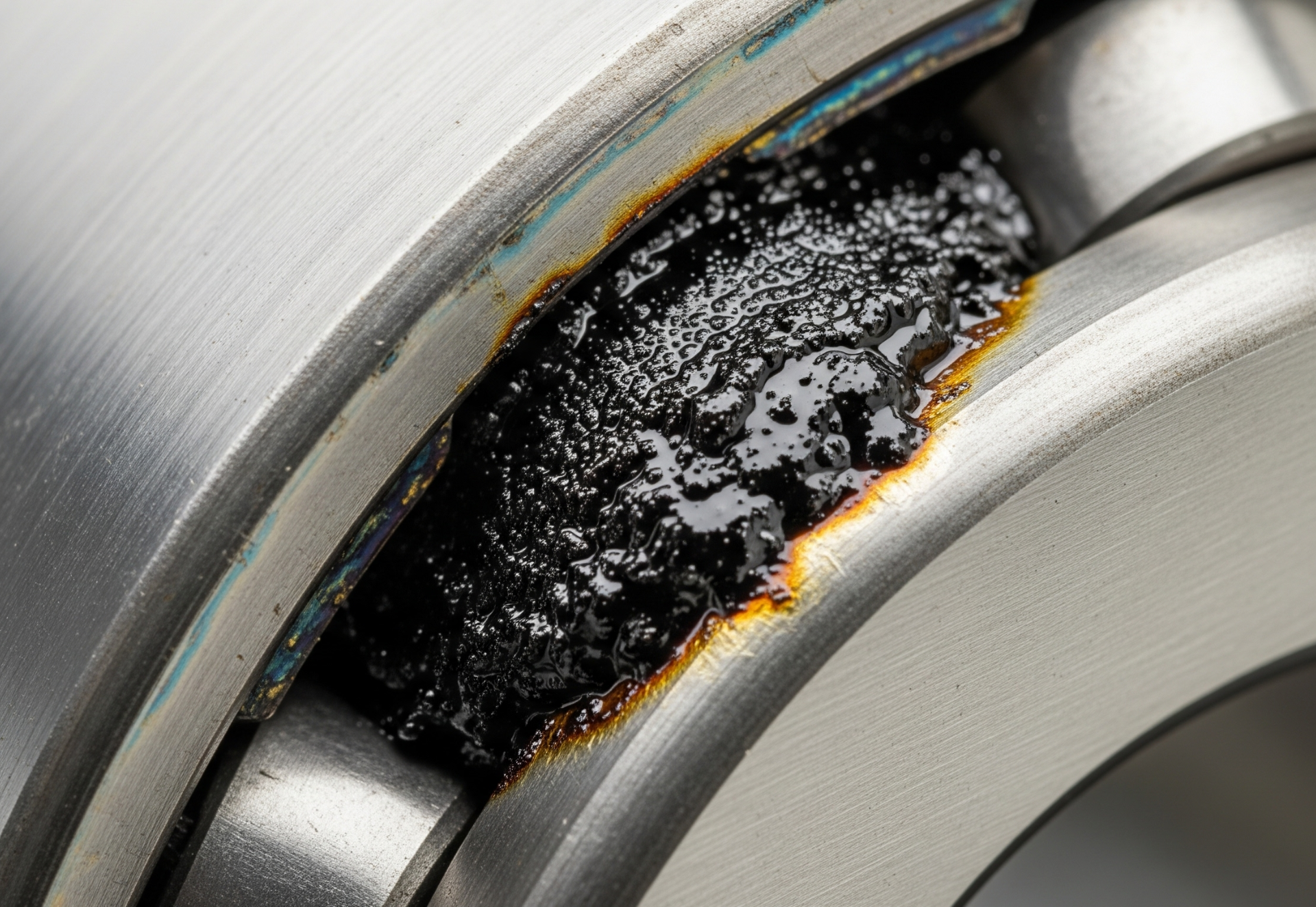 Close-up of a damaged ball bearing with deteriorated, black grease. Metal is visible around the grease.