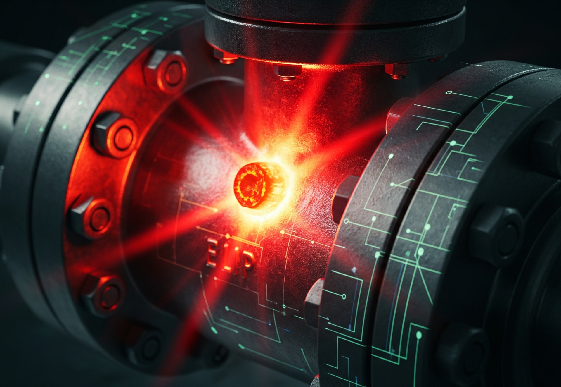 Close-up of industrial equipment with glowing red light emanating from the center. Digital lines overlay the structure.