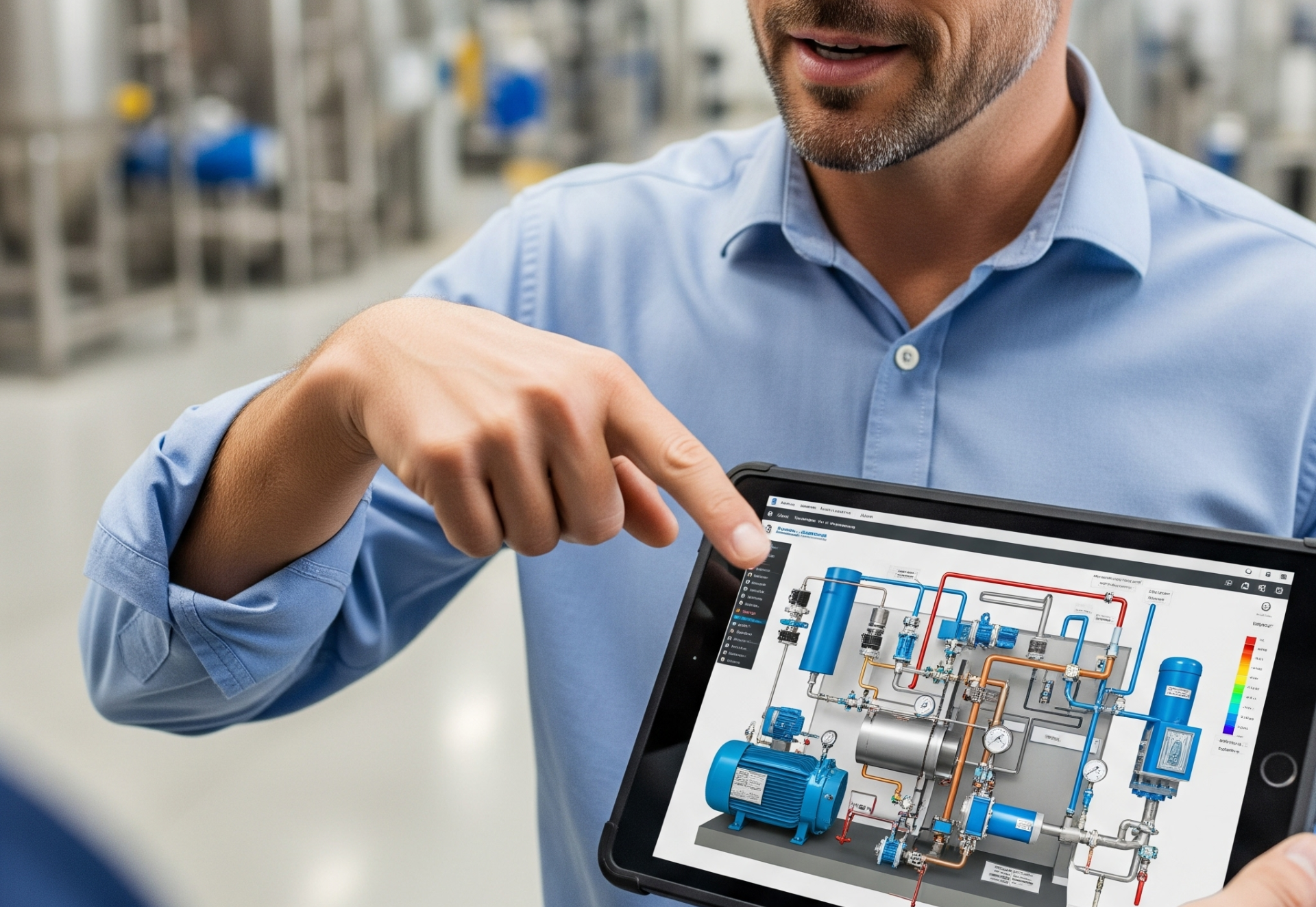 Man in blue shirt points at tablet displaying a 3D diagram of industrial equipment in a factory.