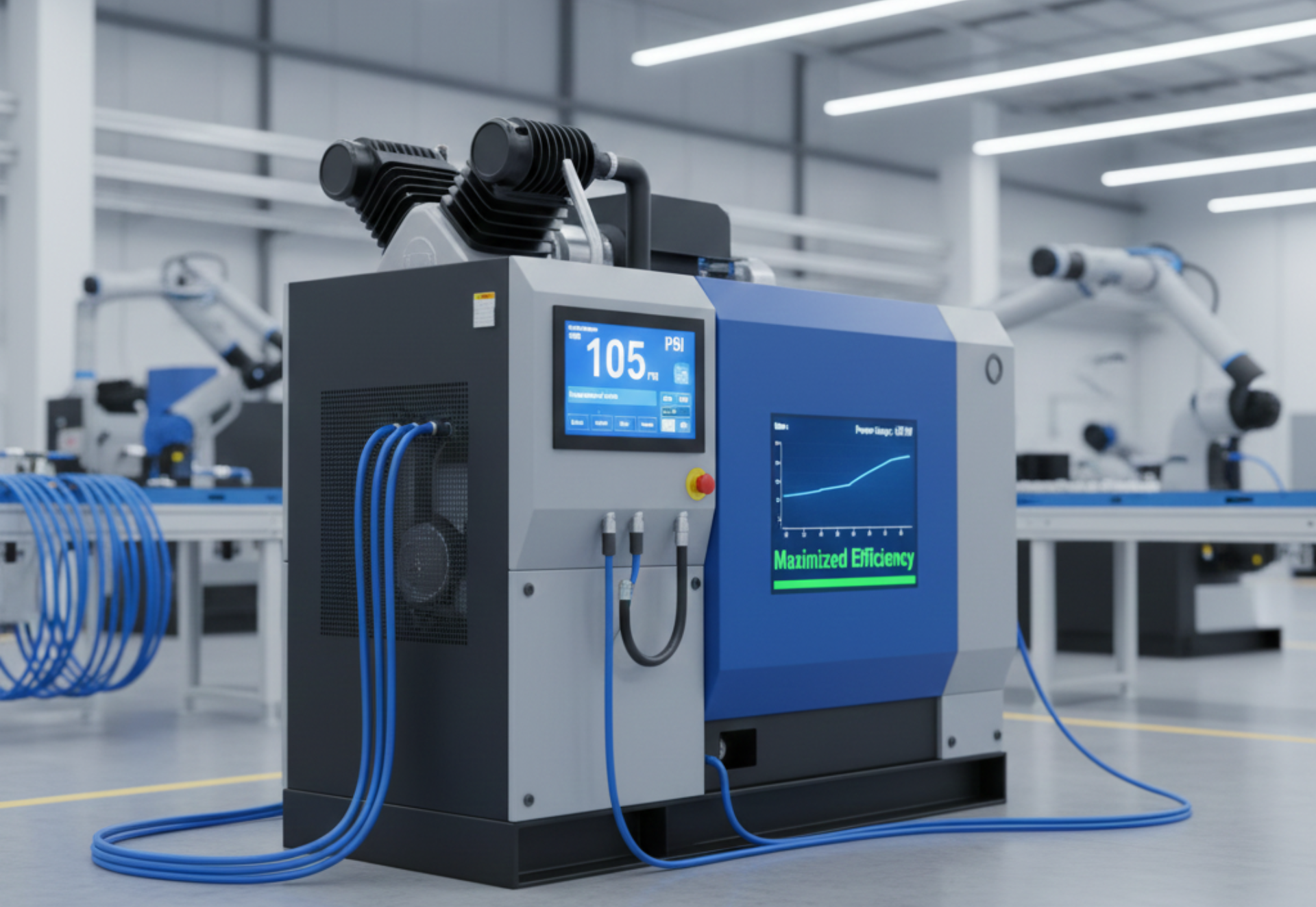 Industrial air compressor with blue and gray panels displaying data in a factory setting.