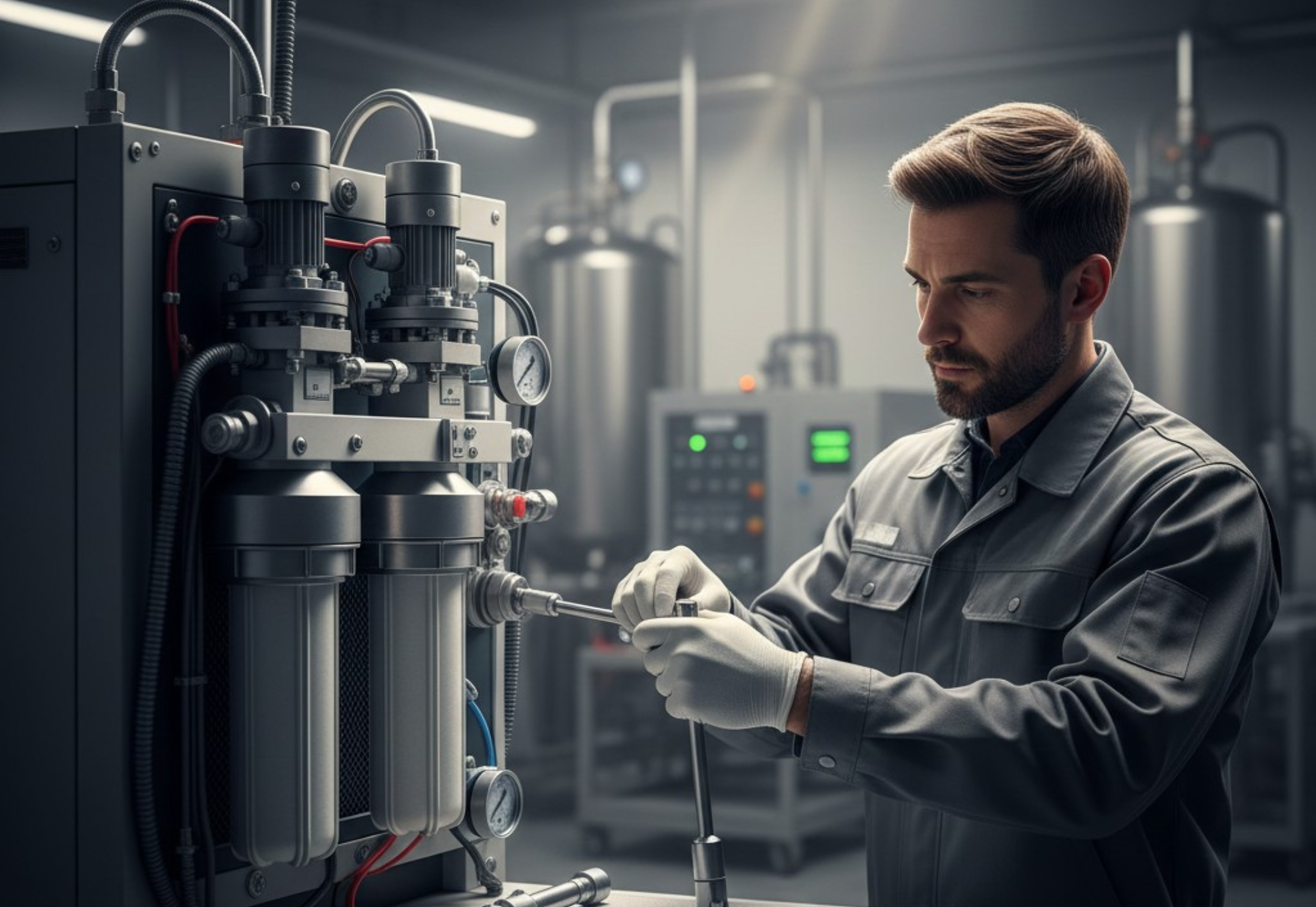 Technician in gray uniform adjusts machinery with gloves, focused, in industrial setting.