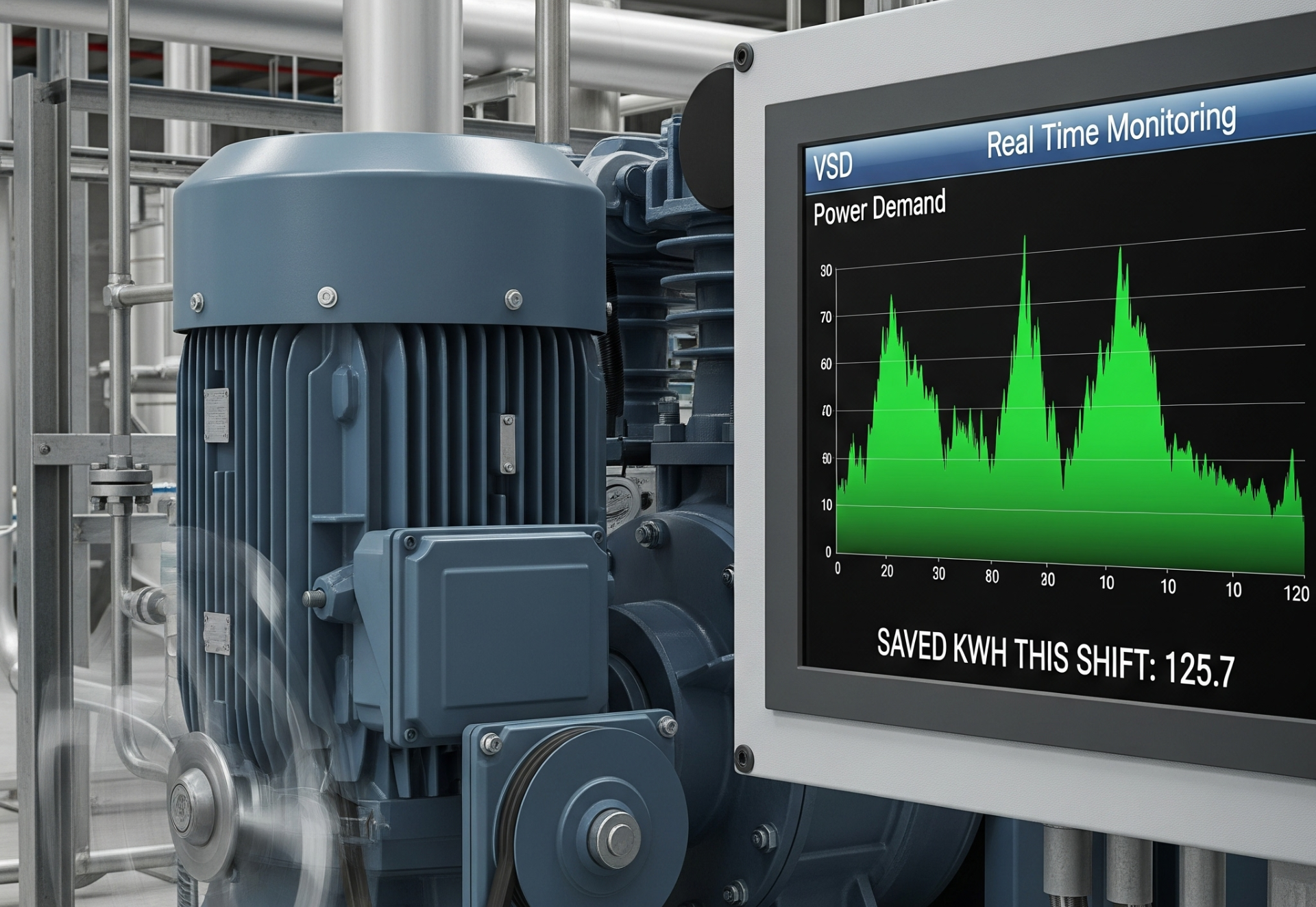 Industrial equipment with a screen displaying a real-time power demand graph. The equipment is blue and silver.