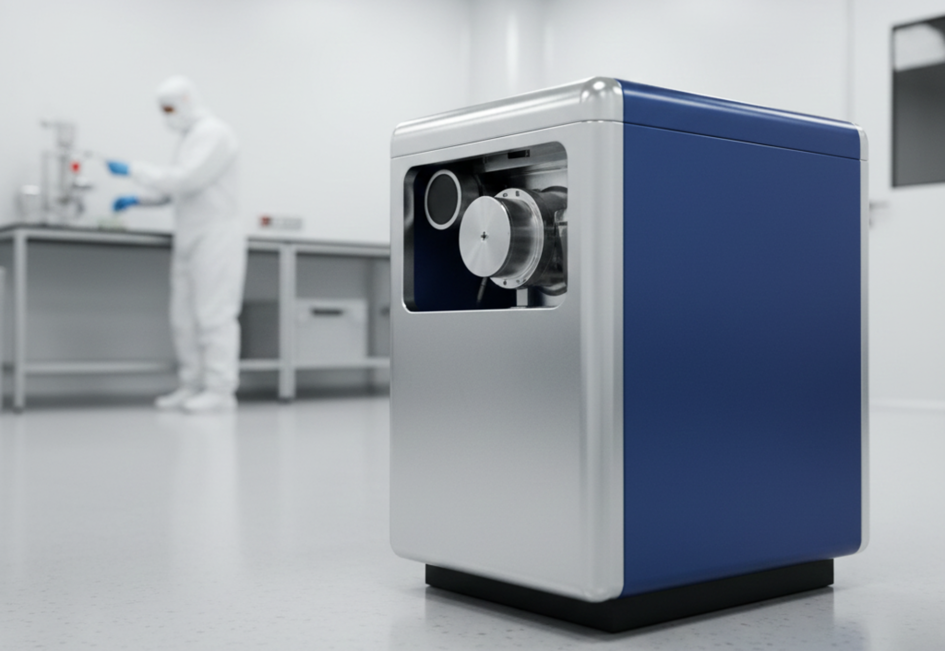 Blue and silver lab machine in a clean room, a person in a white suit works in the background.