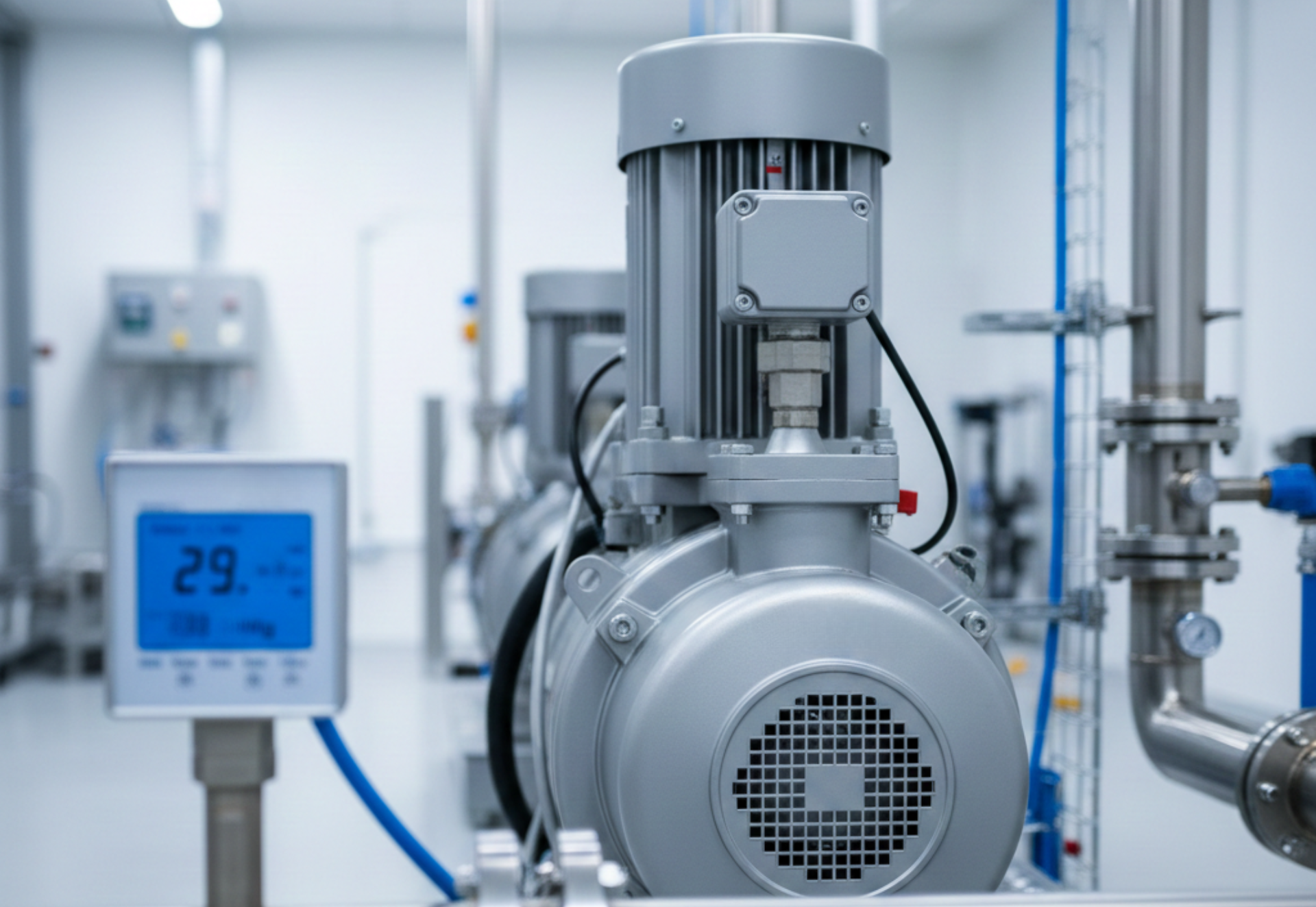 Industrial pumps with digital display in a clean, white room.