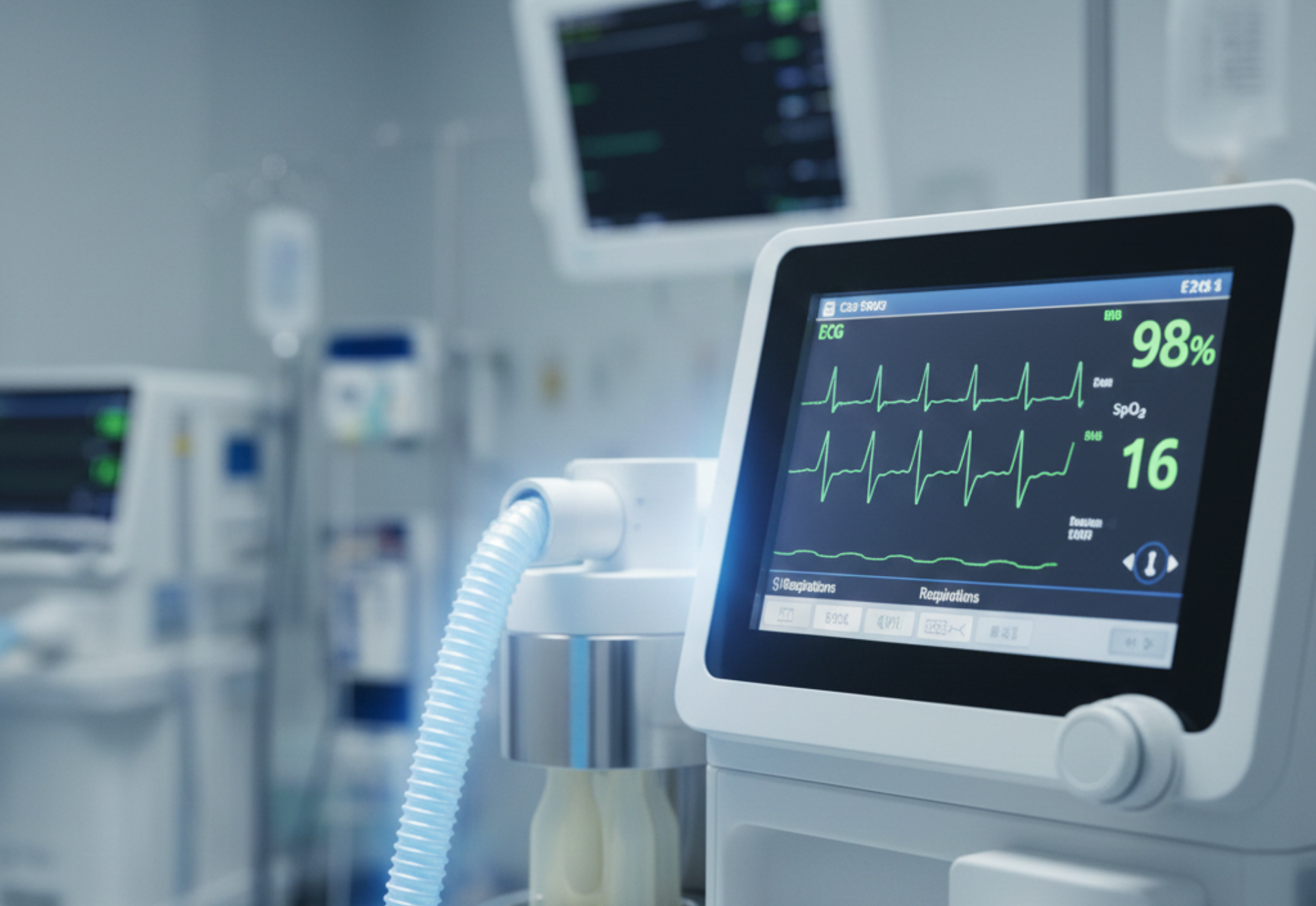 Medical ventilator displaying heart rate and oxygen saturation in a hospital room.