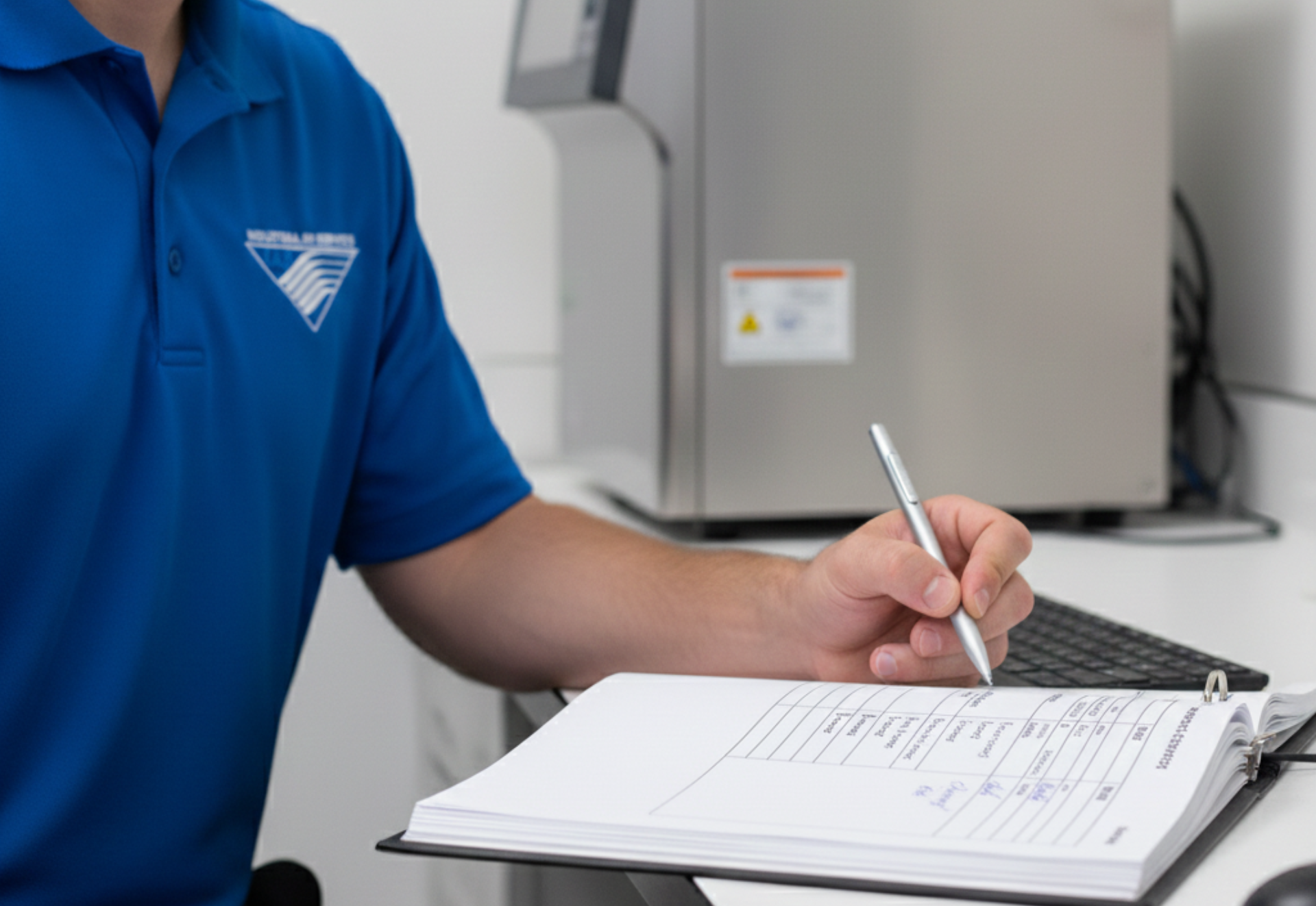 Man in blue shirt writing in a notebook near a metal machine.