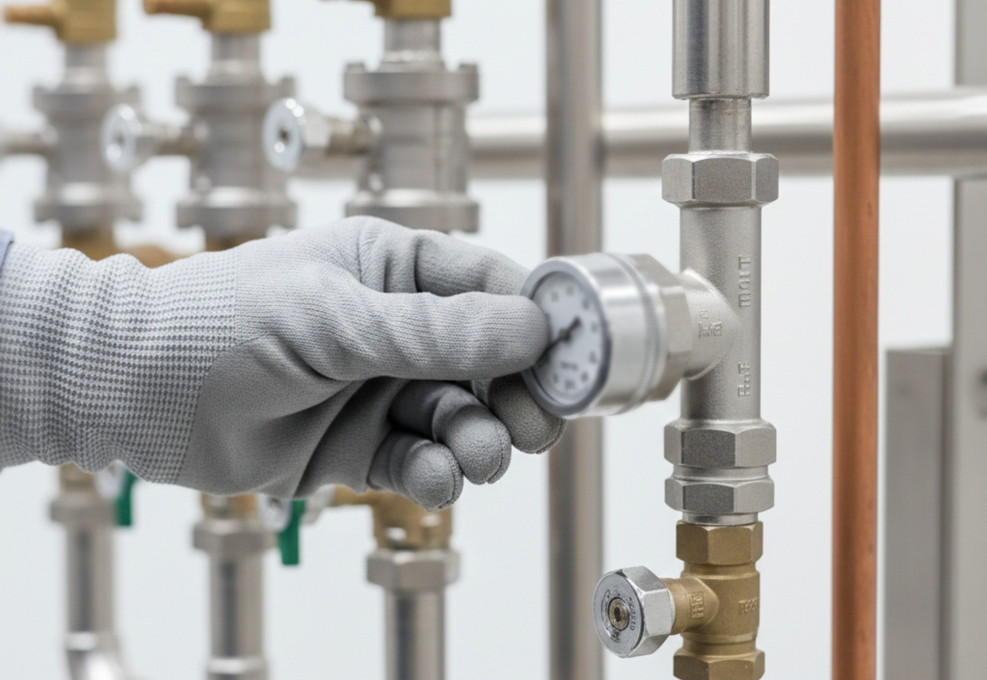 Gloved hand adjusting a gauge on a pipe system.