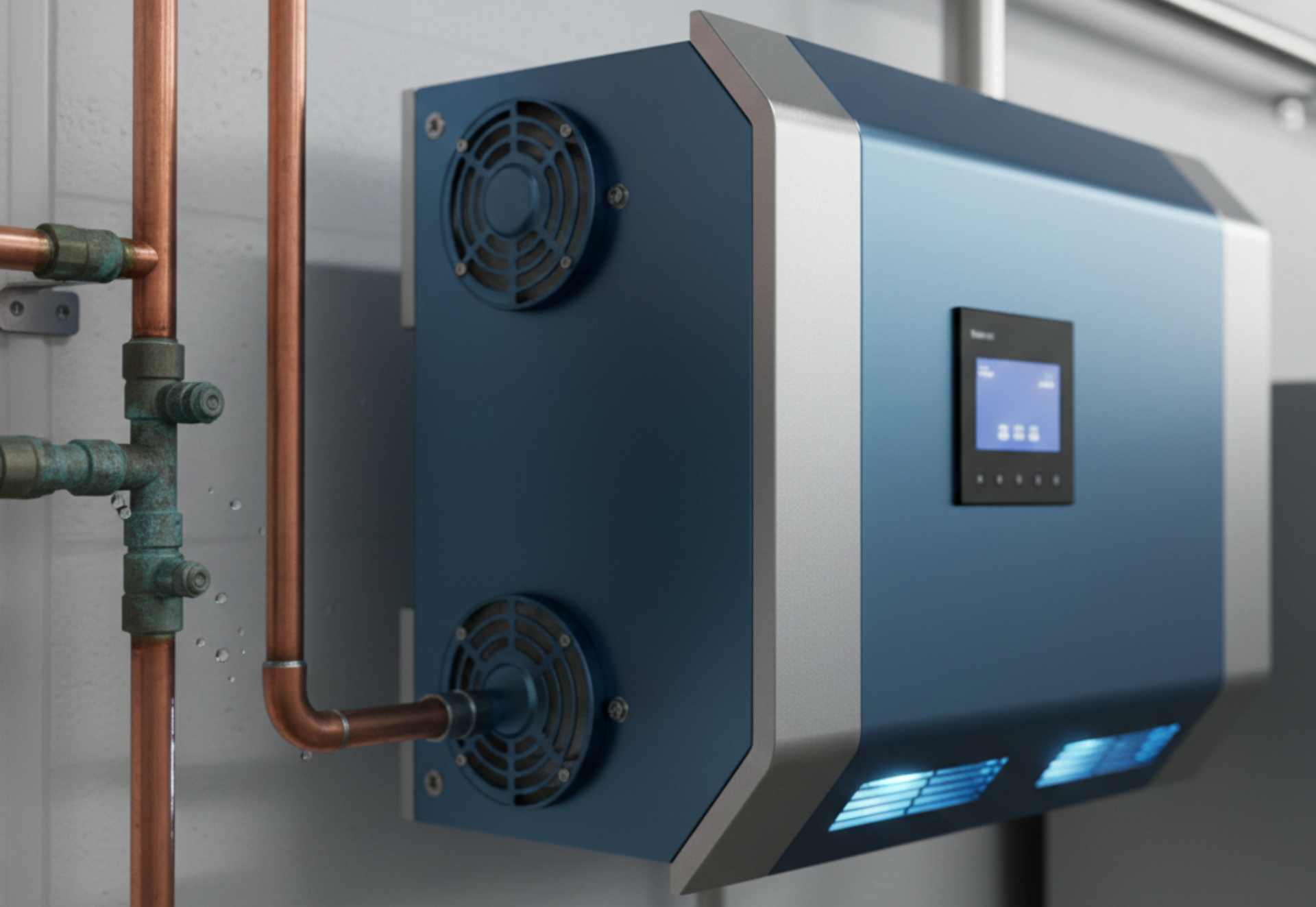 Blue HVAC unit with screen, fans, and UV lights, mounted on a wall near copper pipes.