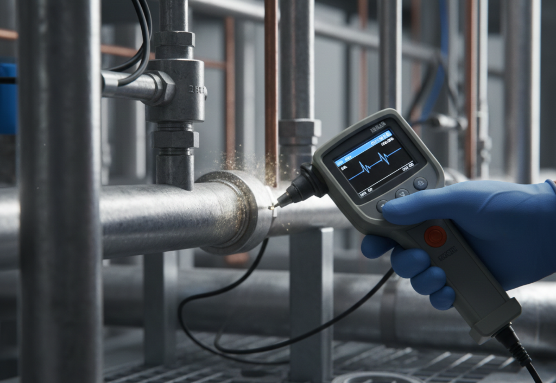 Person in blue glove inspects a pipe with a handheld device. Sparks fly as they work in an industrial setting.
