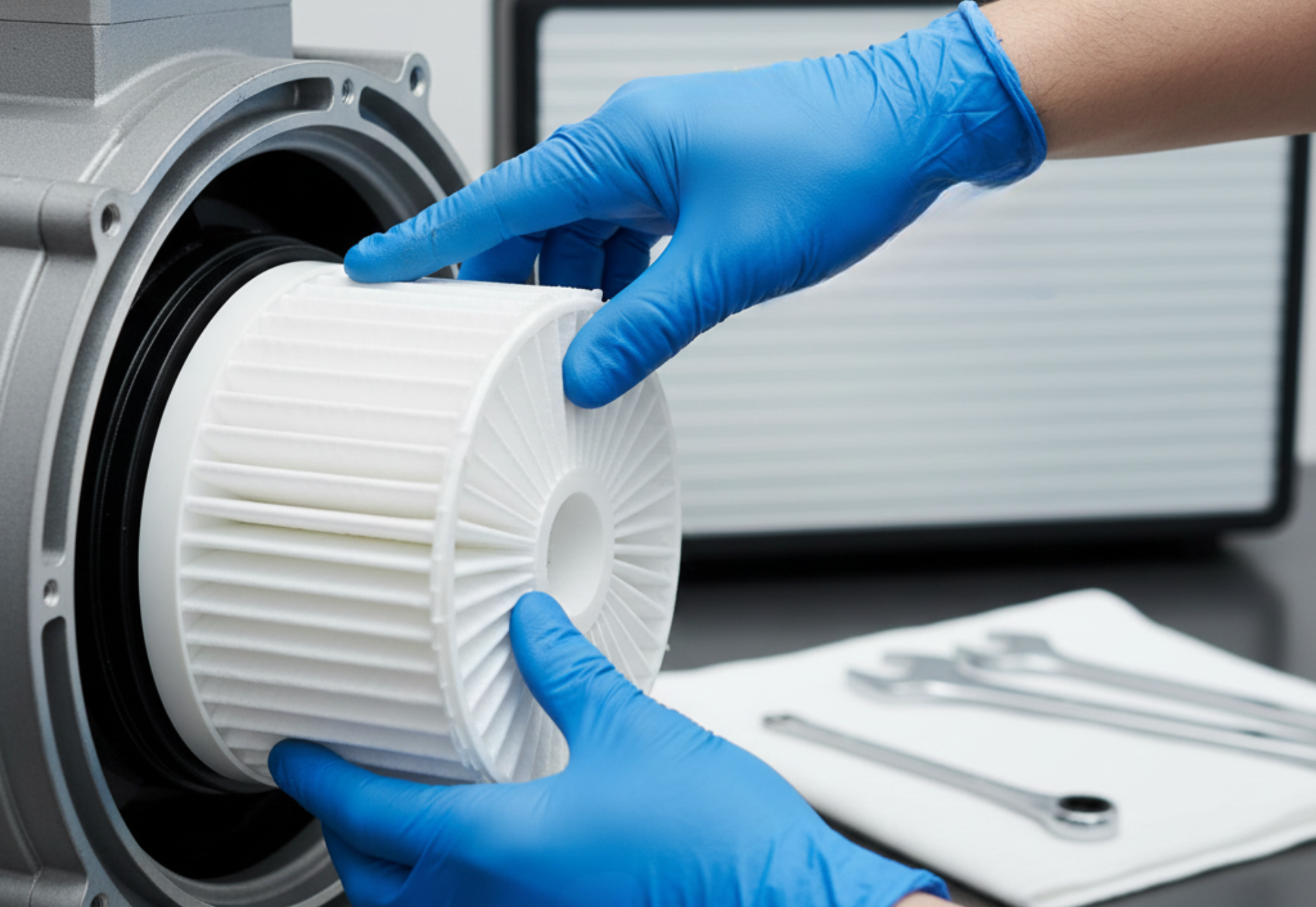 Hands in blue gloves installing a white filter into machinery.
