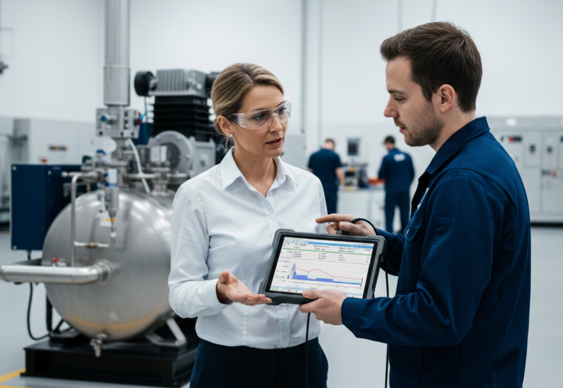 Woman and man discussing data on a tablet in a factory setting, with machinery in the background.