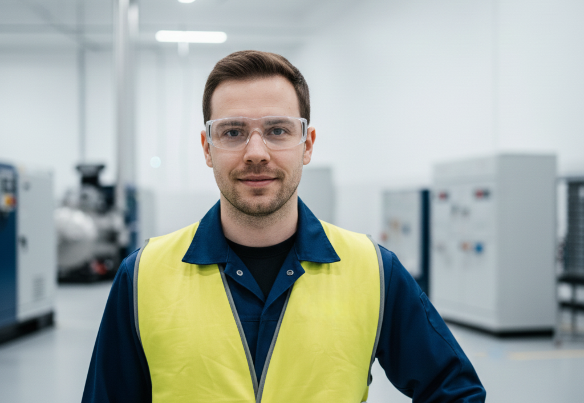 Man wearing safety glasses and a yellow vest in a factory setting, smiling.