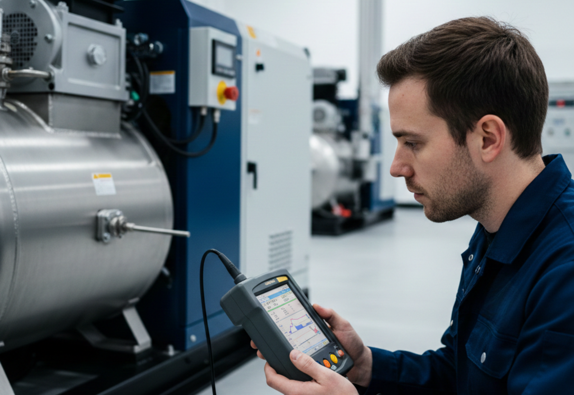 Man using a diagnostic tool on industrial machinery in a lab setting.