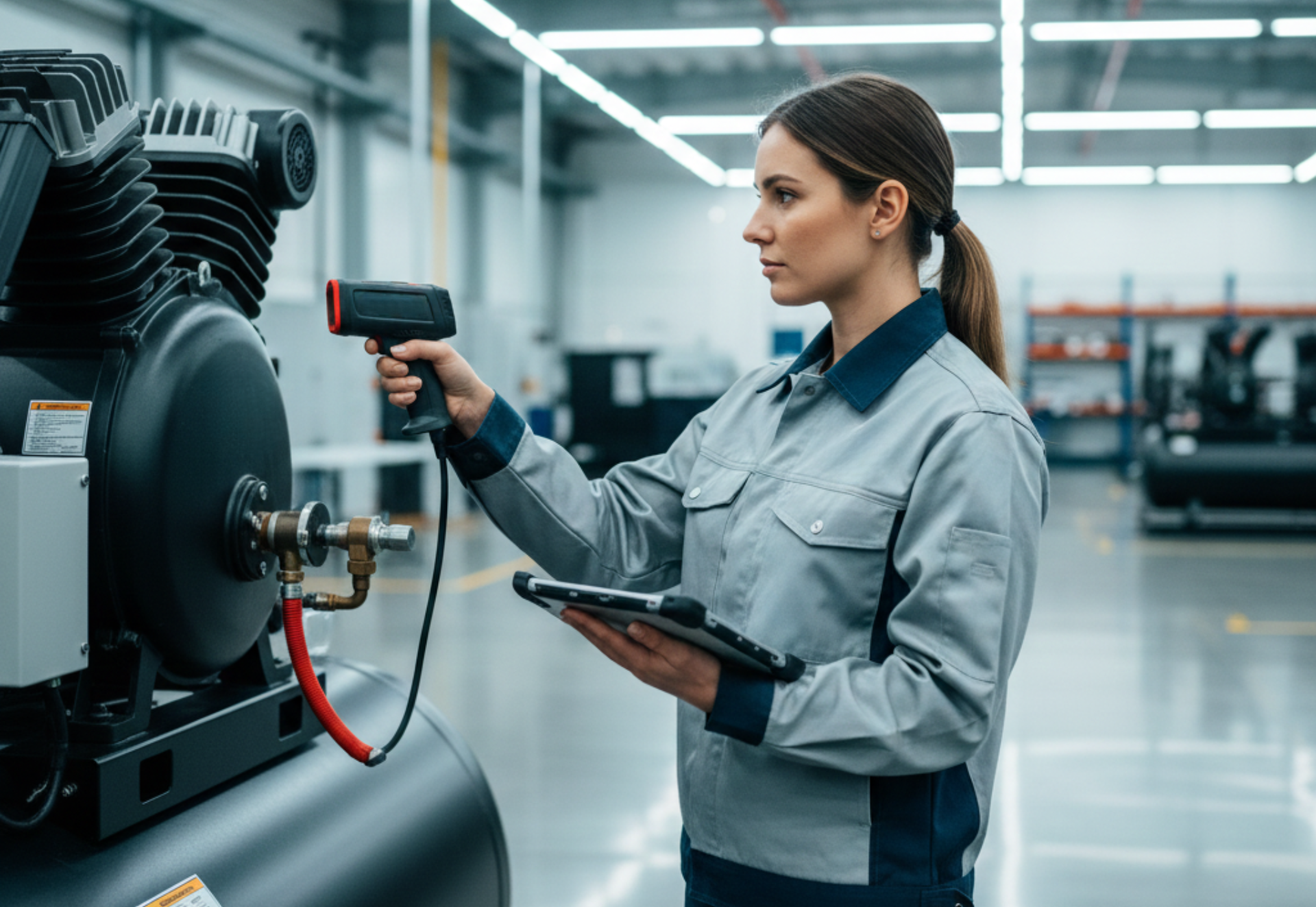 Woman in workwear inspects machinery with a thermal scanner and tablet in a factory.