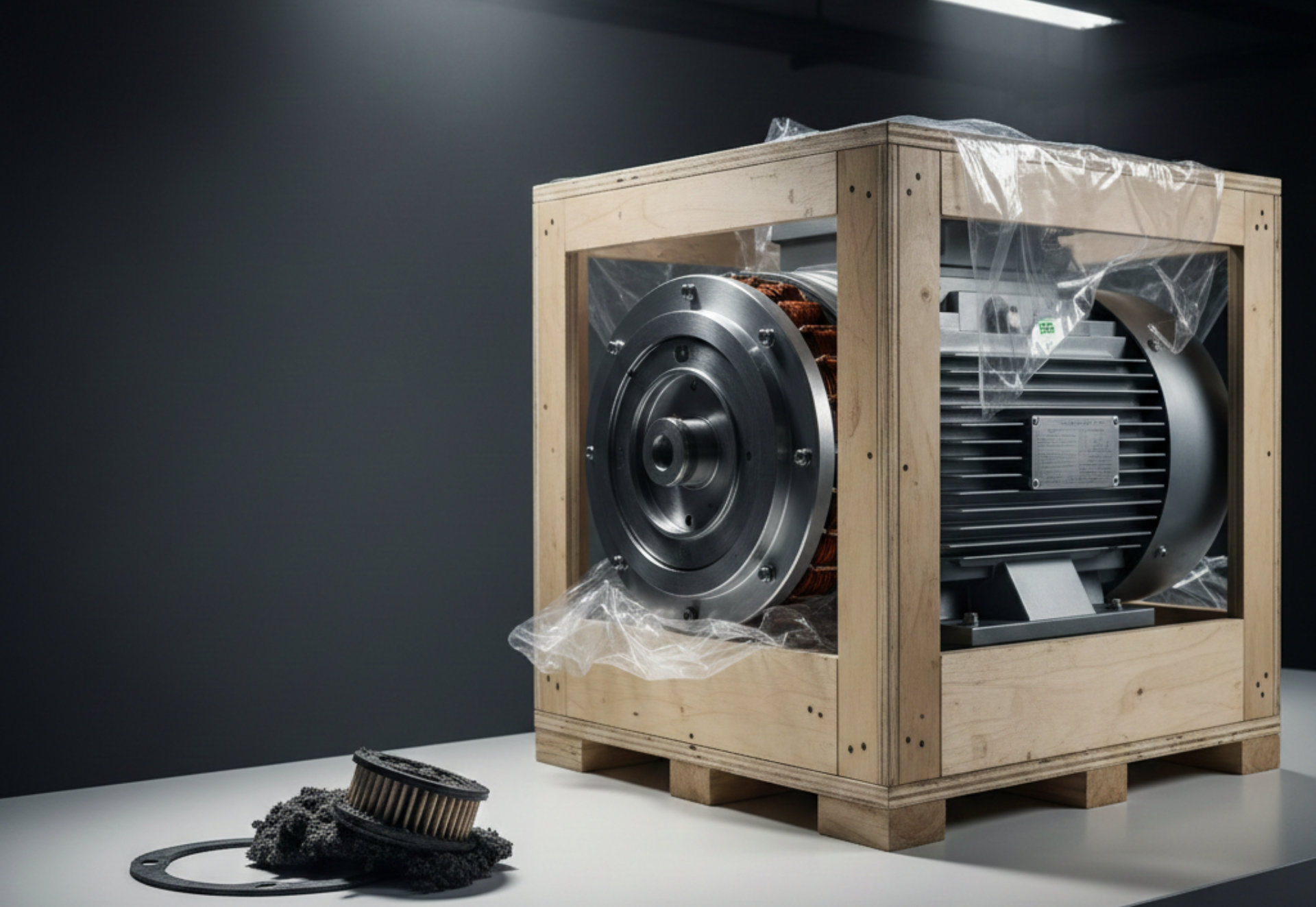 Large industrial motor in a wooden crate, with additional parts laid out in front.