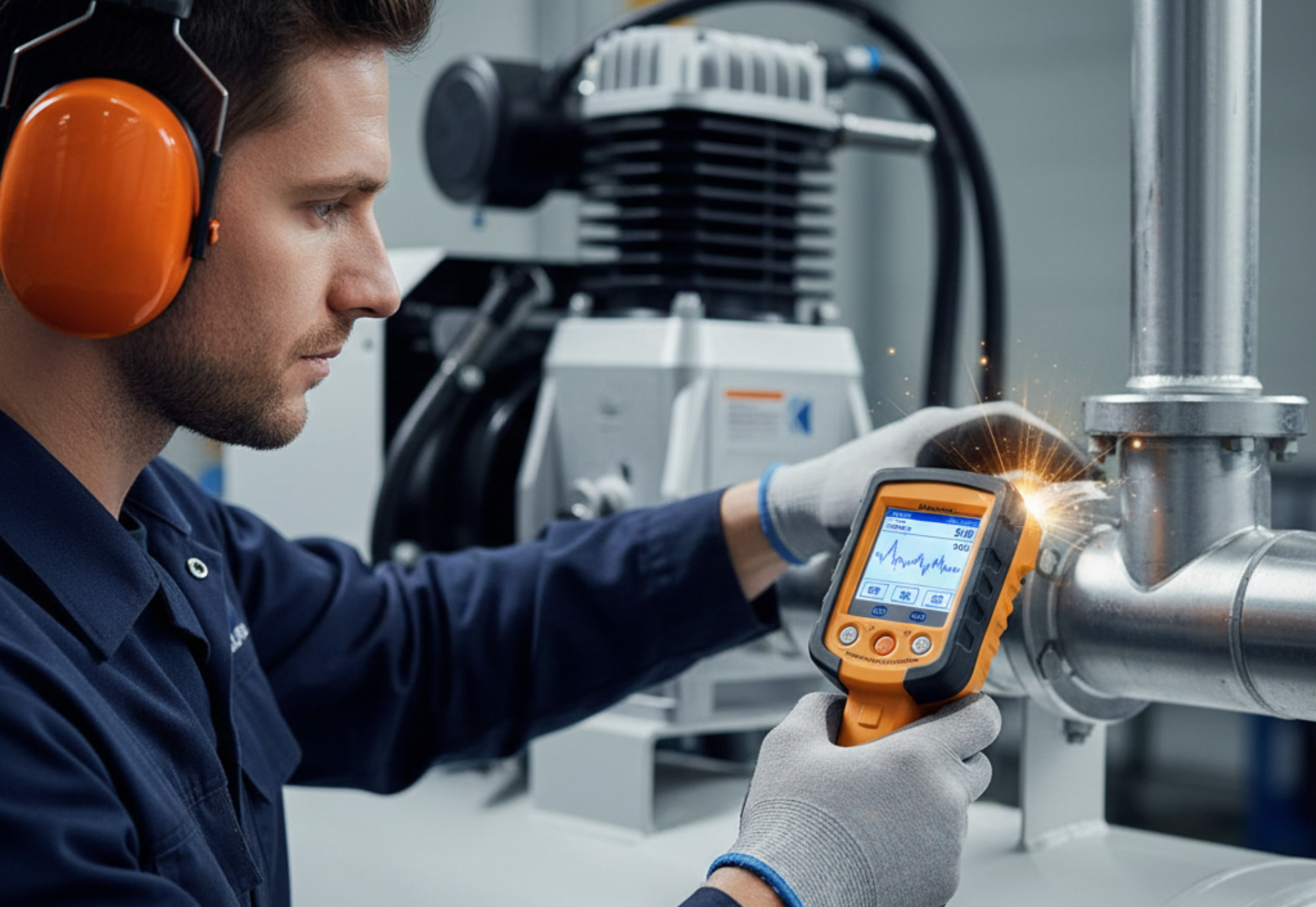 A worker inspects a metal pipe with a handheld device, sparks flying. He wears ear protection and gloves in a factory.