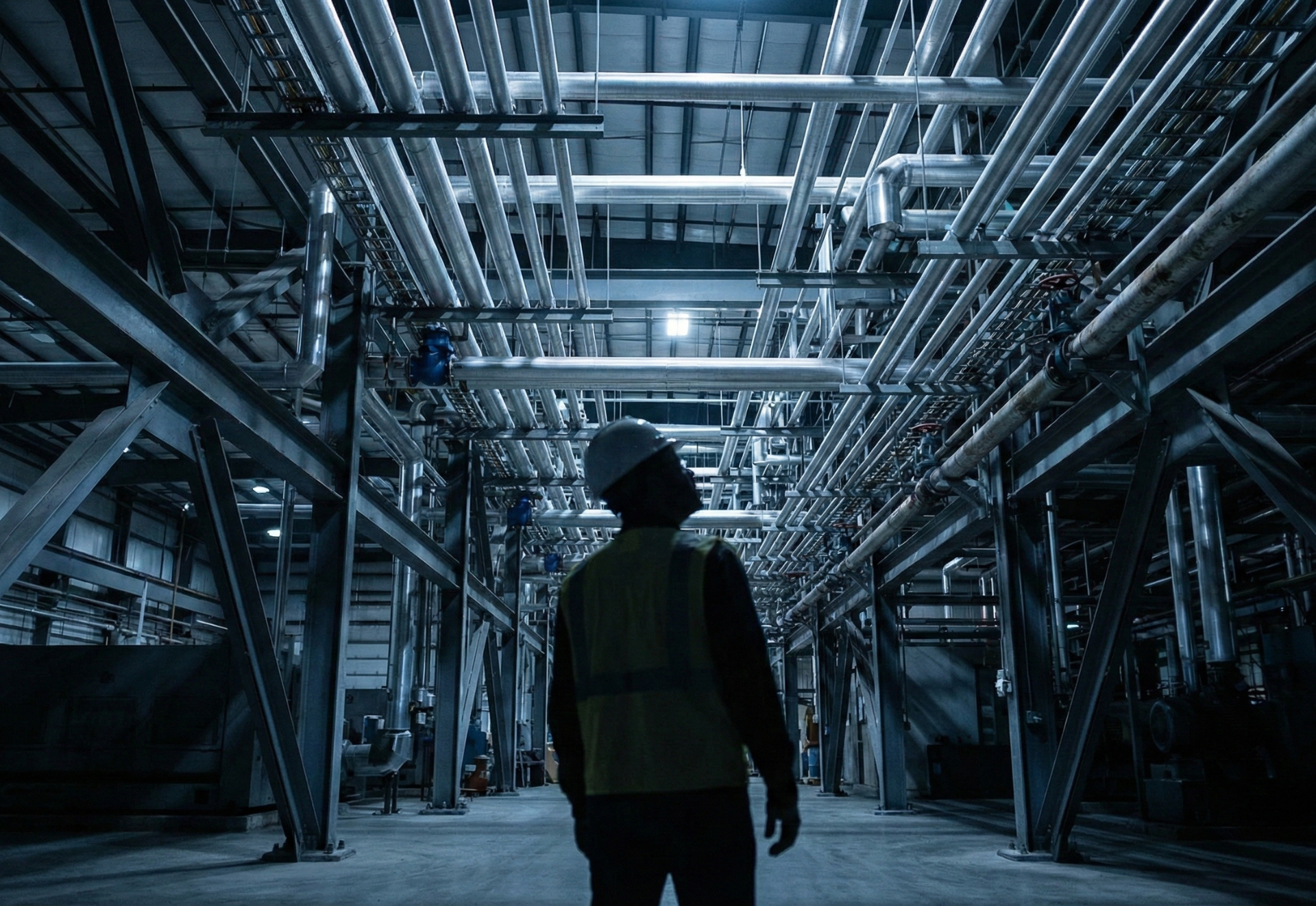 Person in safety vest looks up at industrial pipes in a large factory.