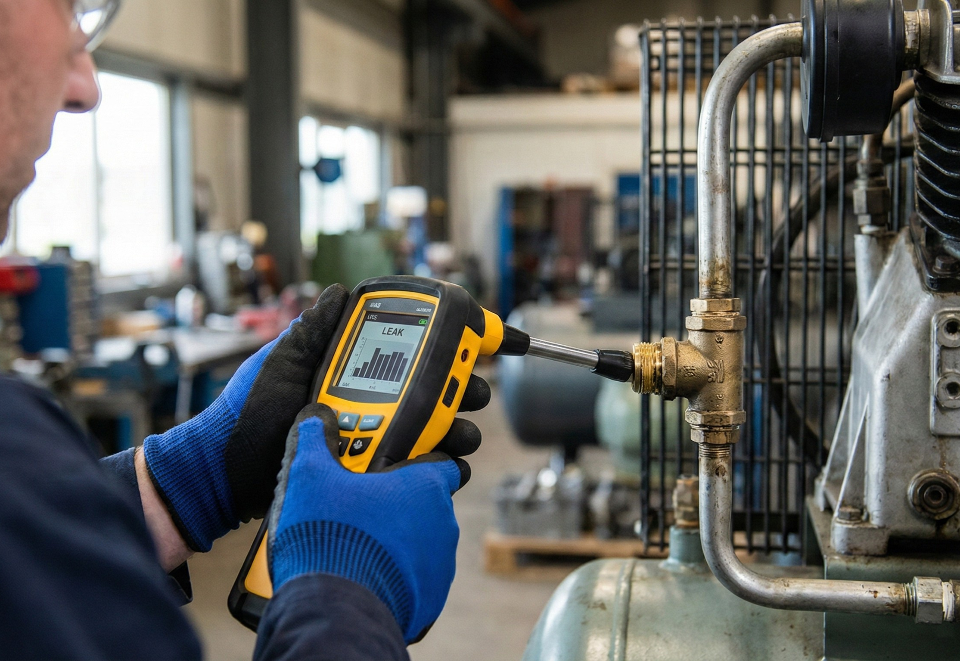 Person in blue gloves using a yellow tool on an industrial machine to measure something in a workshop.