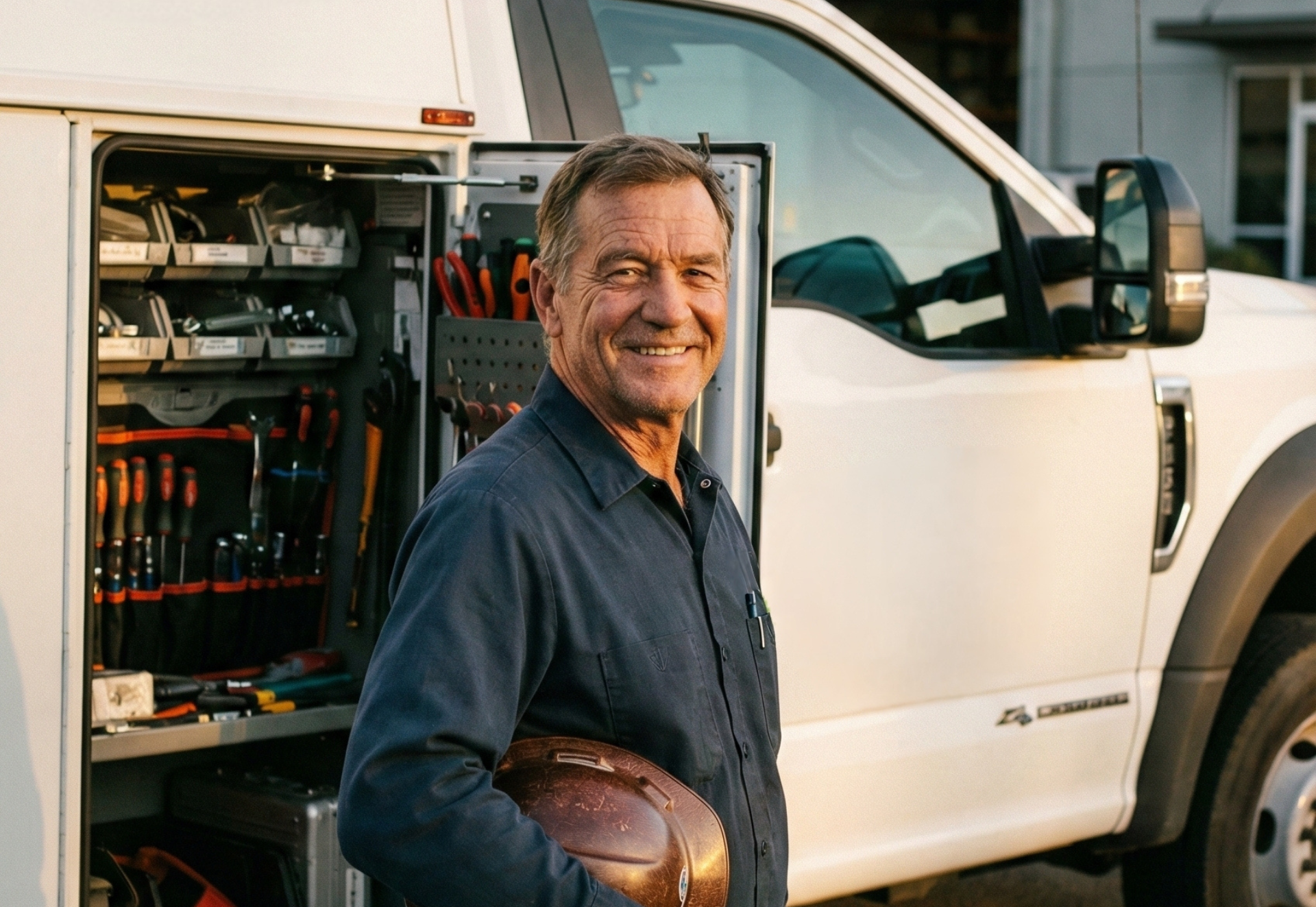 Man in work shirt holding a hard hat, smiling, next to a white service truck with open tool cabinet.