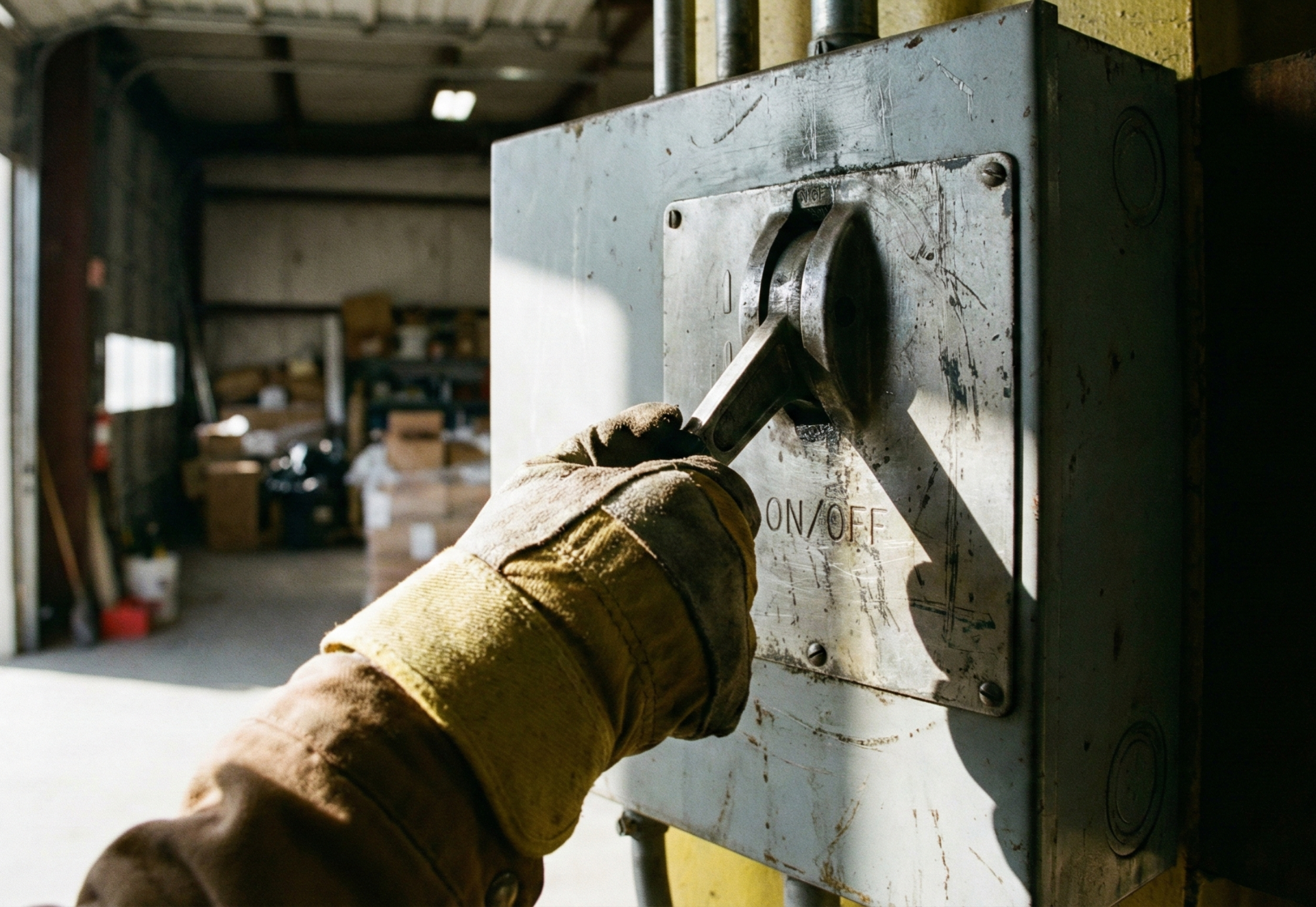 Gloved hand flipping a large electrical switch in a workshop setting.
