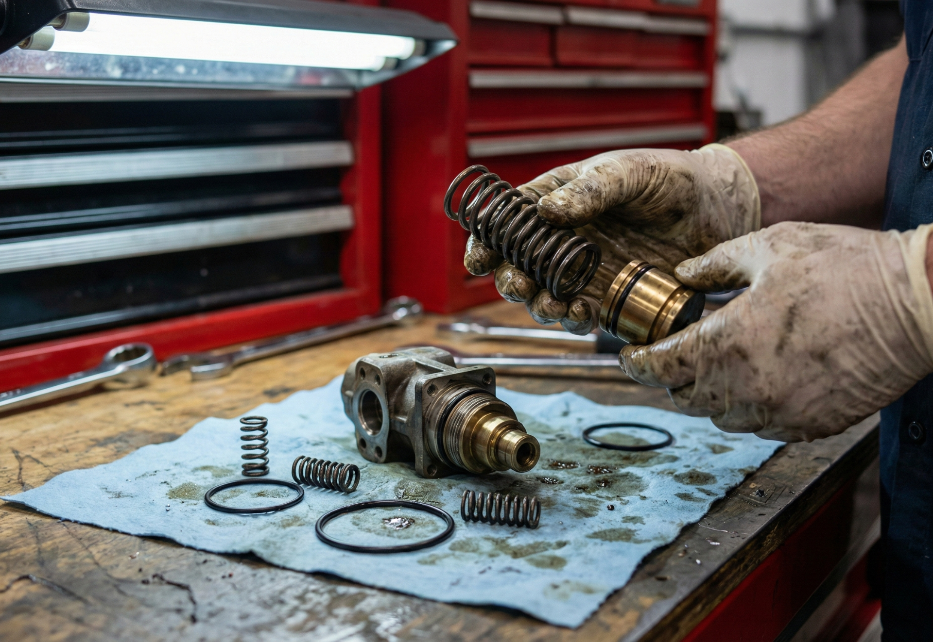 Mechanic disassembles machinery, holding a spring and part; tools and components on a shop table.