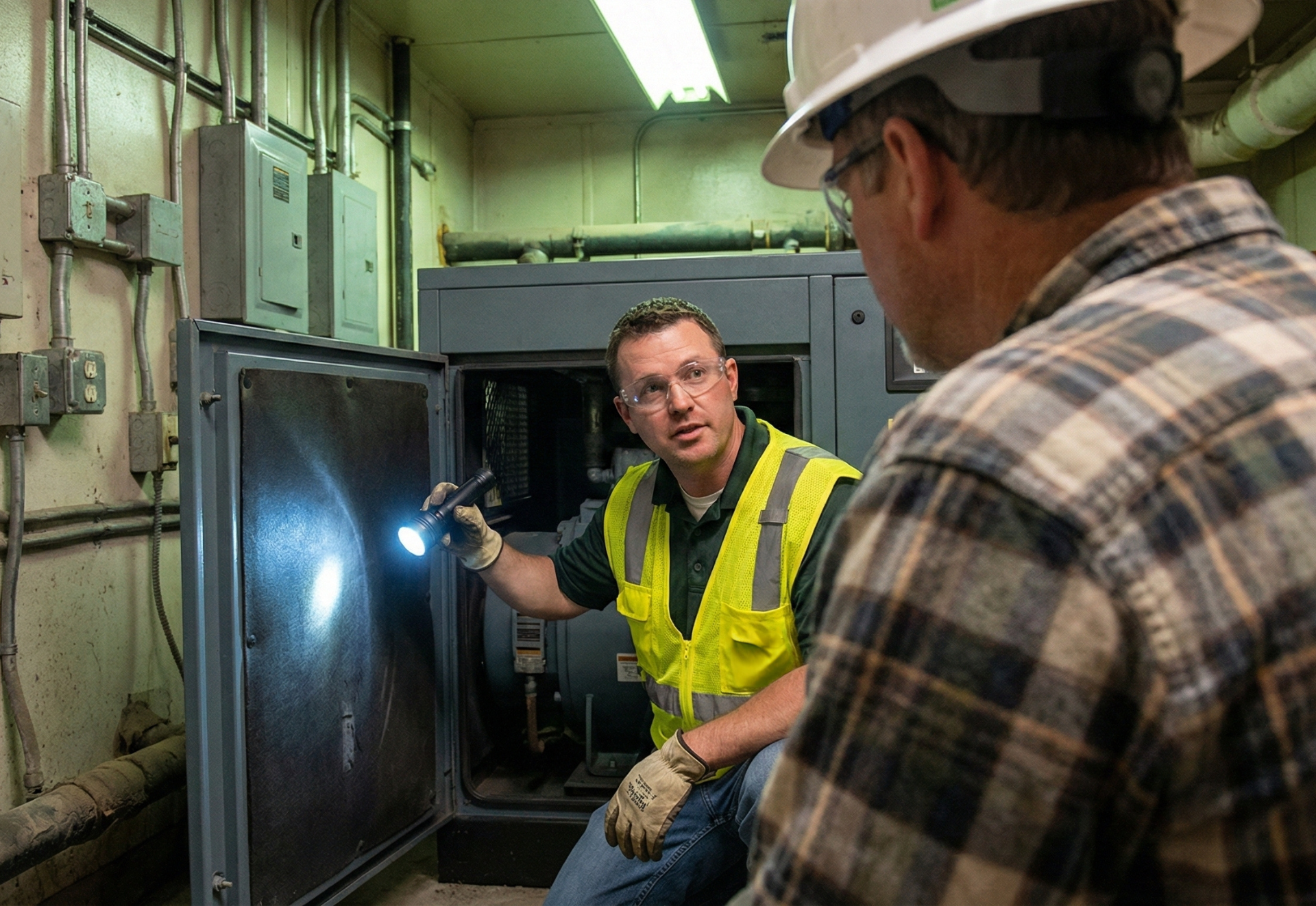 Two workers inspecting machinery, one using a flashlight, in an industrial setting.