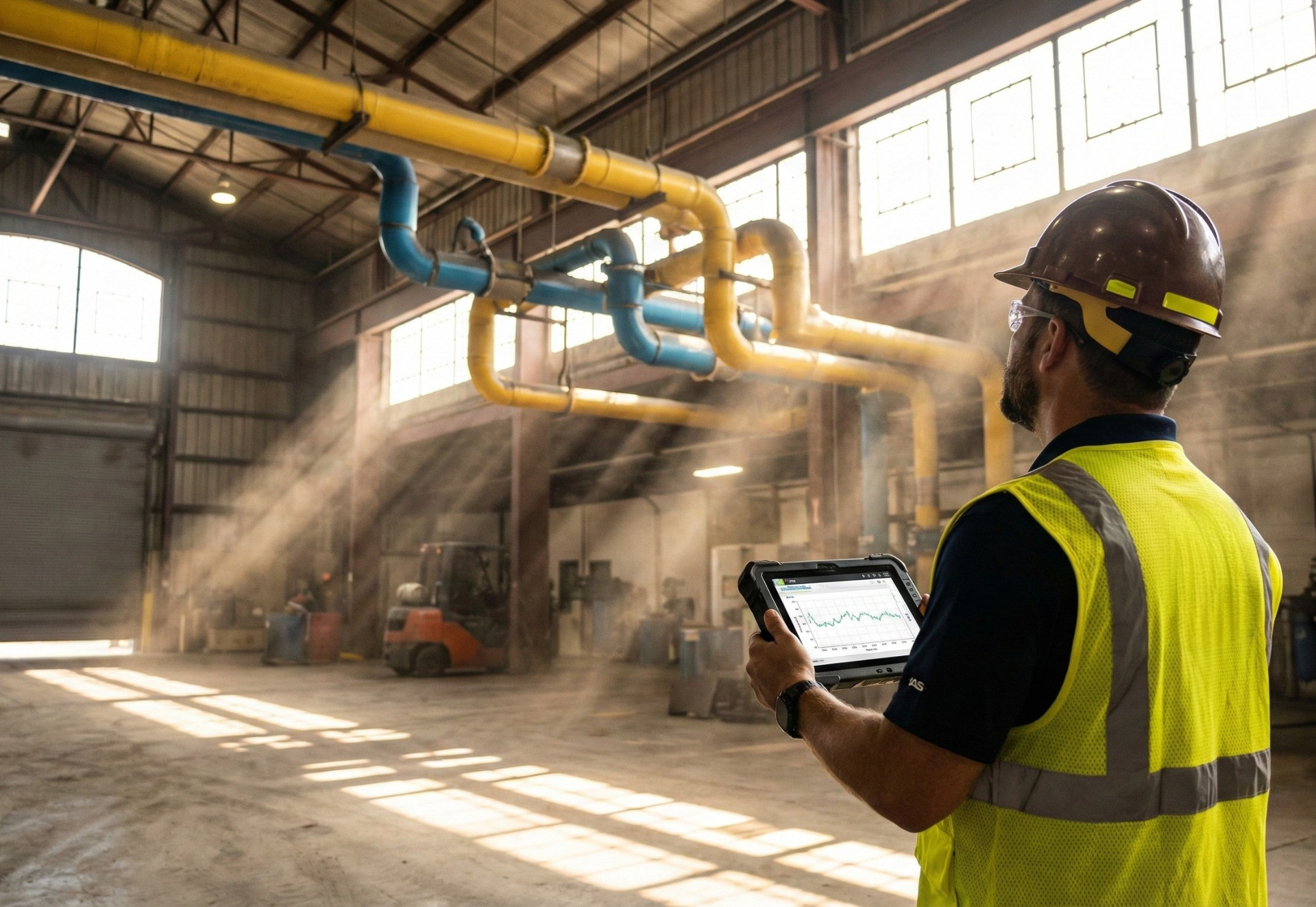Worker in a warehouse checks a tablet, looking up at yellow and blue pipes. Sunlight streams through the windows.