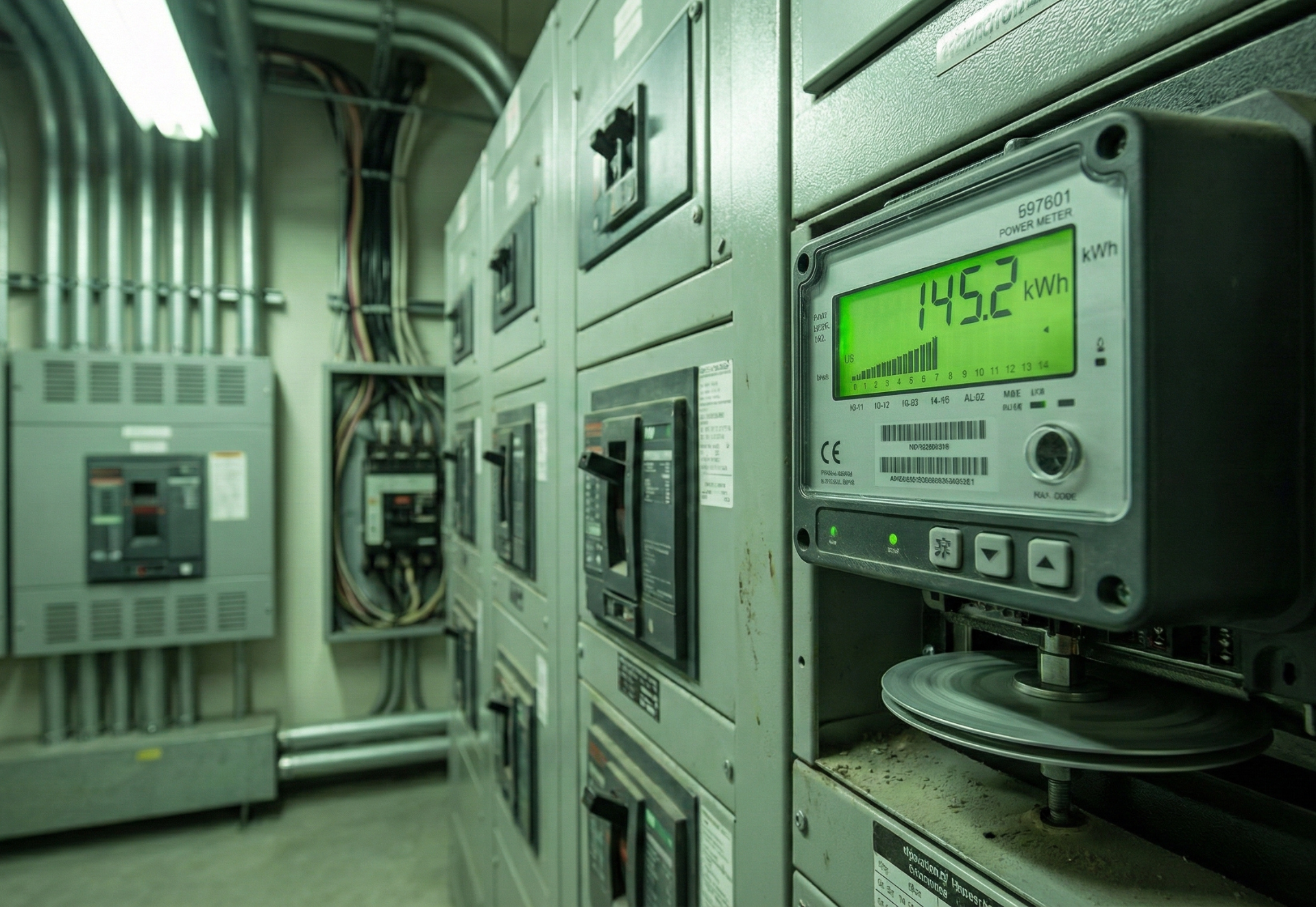 Electrical panel room with power meter displaying 145.2 kW. Switches, wiring, and conduit are visible.