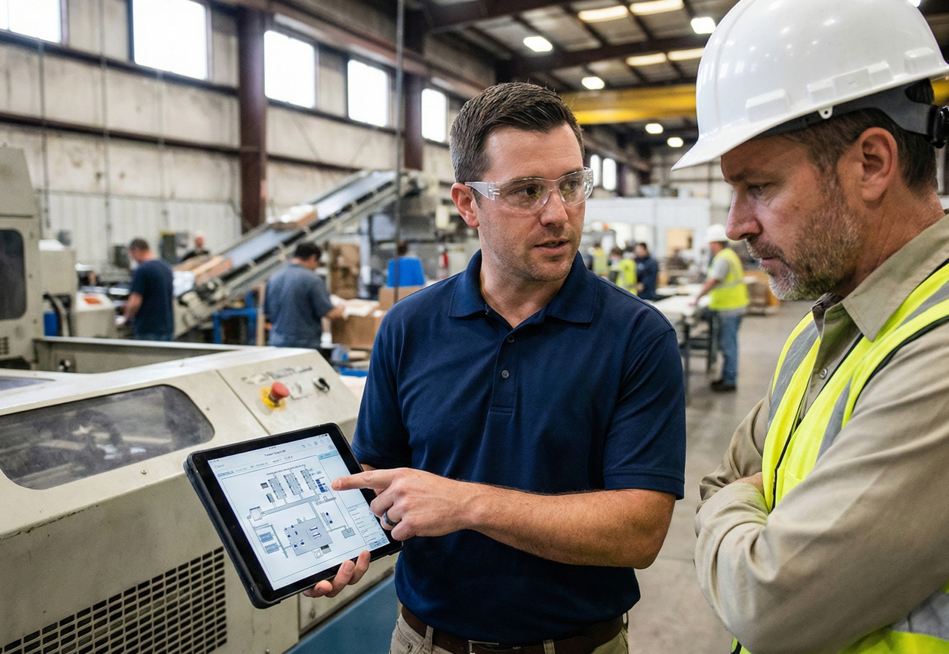 Two men in a factory look at a tablet. One wears safety glasses and points, the other wears a hard hat.
