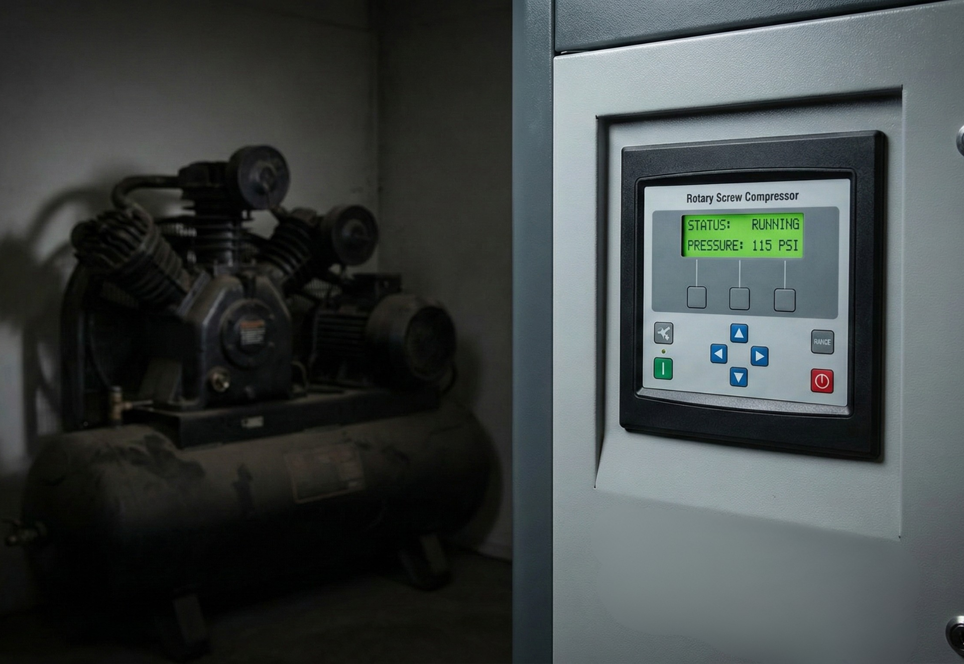Air compressor with control panel in a dimly lit room; panel displaying information.